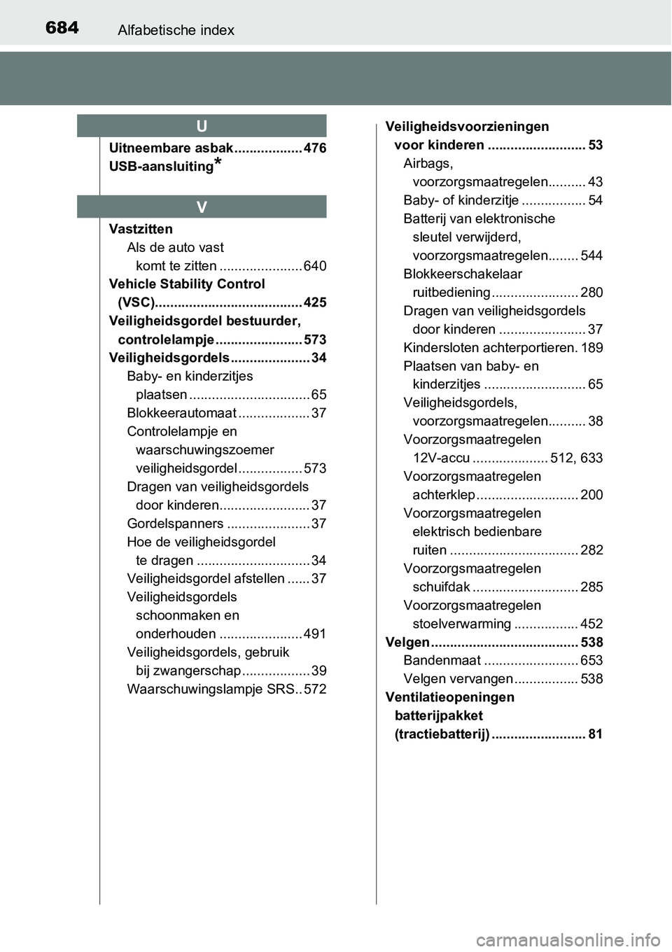 TOYOTA RAV4 HYBRID 2018 Instructieboekje (in Dutch) 684Alfabetische index
Uitneembare asbak .................. 476
USB-aansluiting
*
VastzittenAls de auto vast komt te zitten ...................... 640
Vehicle Stability Control
(VSC).................. TOYOTA RAV4 HYBRID 2018 Instructieboekje (in Dutch) 684Alfabetische index
Uitneembare asbak .................. 476
USB-aansluiting
*
VastzittenAls de auto vast komt te zitten ...................... 640
Vehicle Stability Control
(VSC)..................