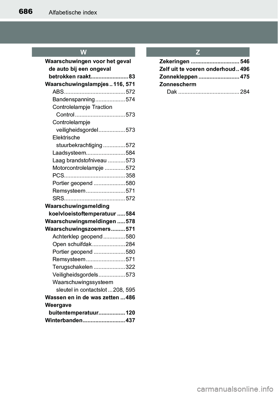 TOYOTA RAV4 HYBRID 2018 Instructieboekje (in Dutch) 686Alfabetische index
Waarschuwingen voor het geval de auto bij een ongeval
betrokken raakt........................ 83
Waarschuwingslampjes .. 116, 571 ABS ....................................... 572 TOYOTA RAV4 HYBRID 2018 Instructieboekje (in Dutch) 686Alfabetische index
Waarschuwingen voor het geval de auto bij een ongeval
betrokken raakt........................ 83
Waarschuwingslampjes .. 116, 571 ABS ....................................... 572
