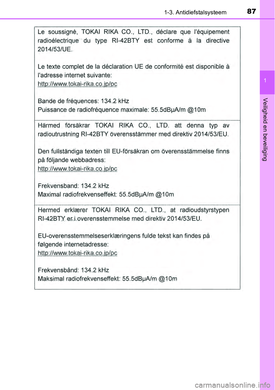 TOYOTA RAV4 HYBRID 2018 Instructieboekje (in Dutch) 871-3. Antidiefstalsysteem
1
Veiligheid en beveiliging TOYOTA RAV4 HYBRID 2018 Instructieboekje (in Dutch) 871-3. Antidiefstalsysteem
1
Veiligheid en beveiliging
