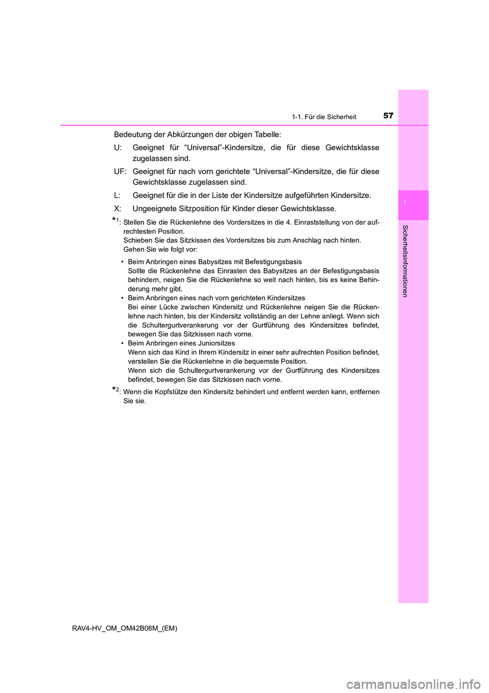TOYOTA RAV4 HYBRID 2017 Betriebsanleitungen (in German) 571-1. Für die Sicherheit
1
RAV4-HV_OM_OM42B06M_(EM)
Sicherheitsinformationen
Bedeutung der Abkürzungen der obigen Tabelle:
U: Geeignet für “Universal”-Kindersitze, die für diese Gewichtsklass TOYOTA RAV4 HYBRID 2017 Betriebsanleitungen (in German) 571-1. Für die Sicherheit
1
RAV4-HV_OM_OM42B06M_(EM)
Sicherheitsinformationen
Bedeutung der Abkürzungen der obigen Tabelle:
U: Geeignet für “Universal”-Kindersitze, die für diese Gewichtsklass