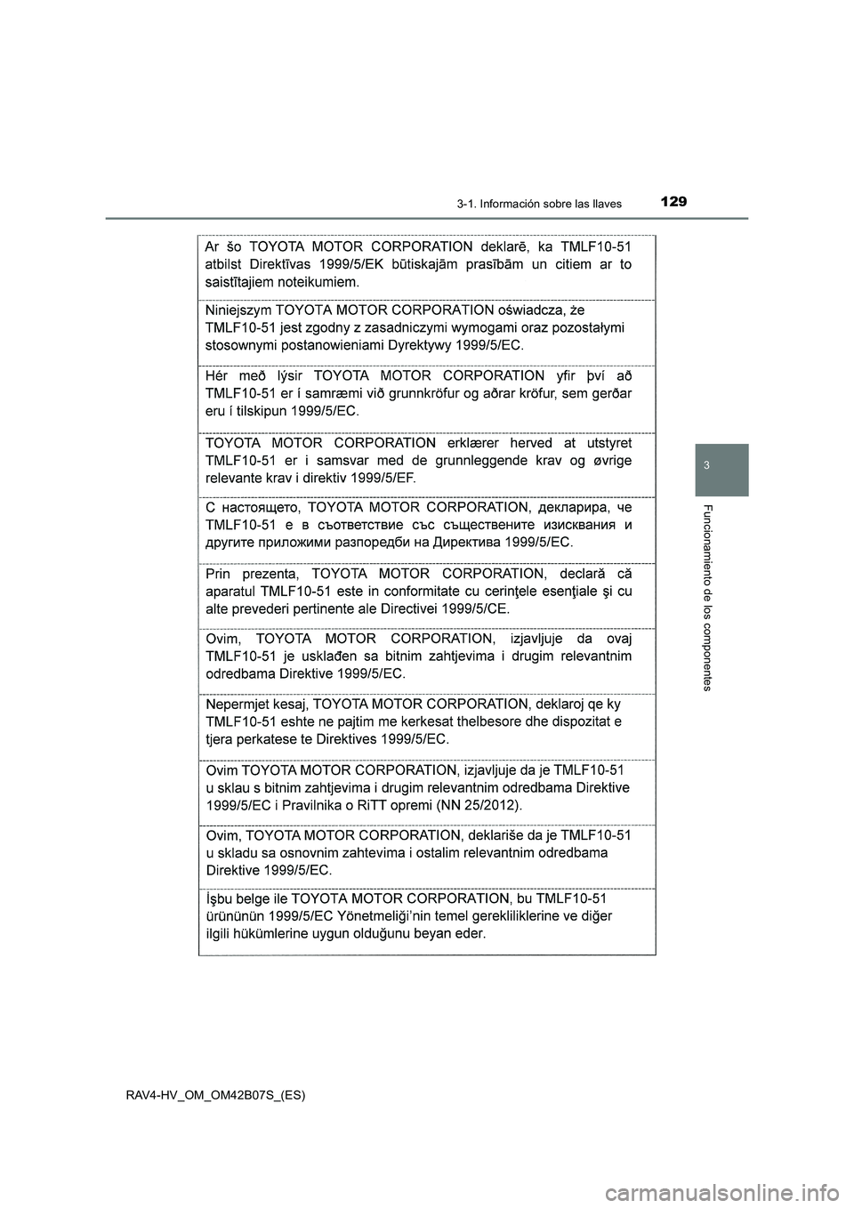 TOYOTA RAV4 HYBRID 2017  Manual del propietario (in Spanish) 1293-1. Información sobre las llaves
3
Funcionamiento de los componentes
RAV4-HV_OM_OM42B07S_(ES) 