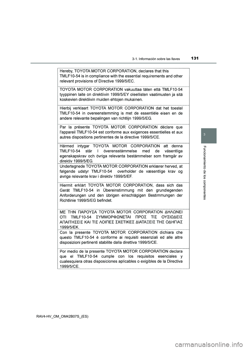 TOYOTA RAV4 HYBRID 2017  Manual del propietario (in Spanish) 1313-1. Información sobre las llaves
3
Funcionamiento de los componentes
RAV4-HV_OM_OM42B07S_(ES) 