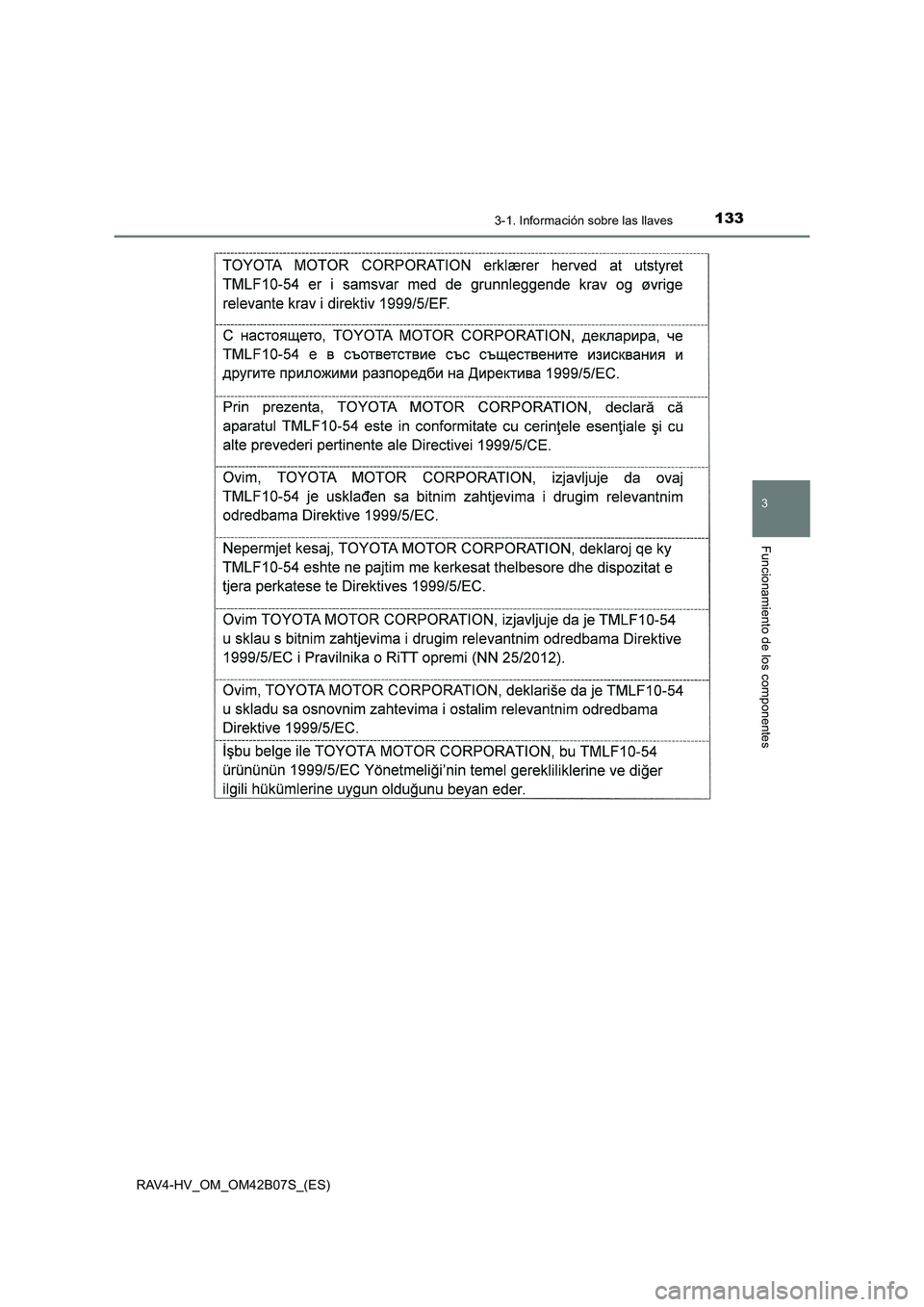 TOYOTA RAV4 HYBRID 2017  Manual del propietario (in Spanish) 1333-1. Información sobre las llaves
3
Funcionamiento de los componentes
RAV4-HV_OM_OM42B07S_(ES) 