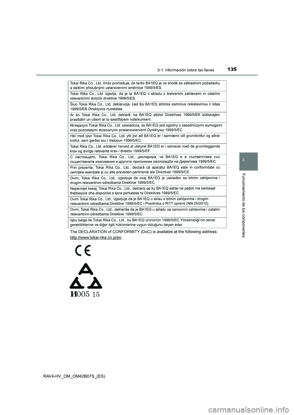 TOYOTA RAV4 HYBRID 2017  Manual del propietario (in Spanish) 1353-1. Información sobre las llaves
3
Funcionamiento de los componentes
RAV4-HV_OM_OM42B07S_(ES) 