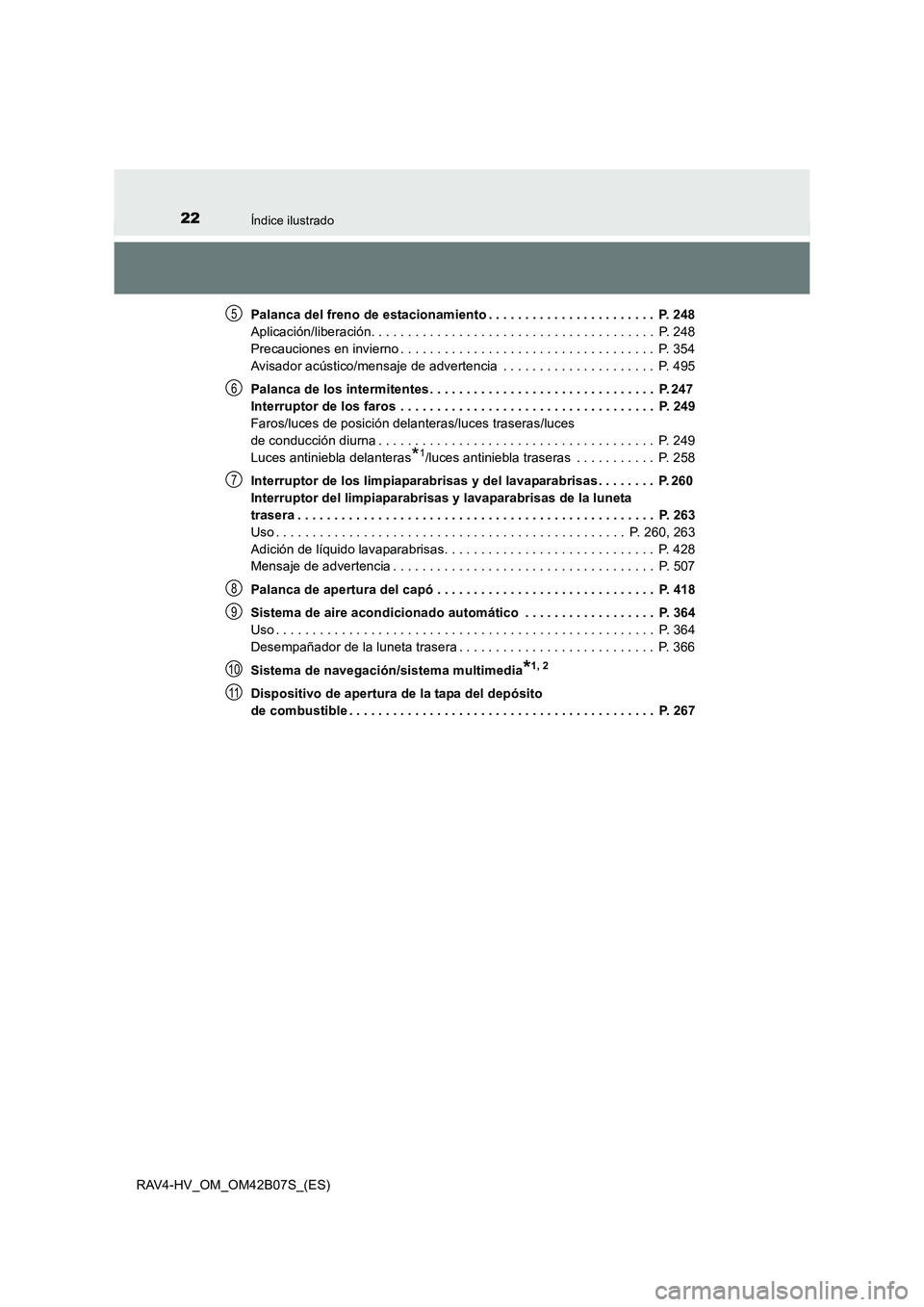 TOYOTA RAV4 HYBRID 2017 Manual del propietario (in Spanish) 22Índice ilustrado
RAV4-HV_OM_OM42B07S_(ES)Palanca del freno de estacionamiento . . . . . . . . . . . . . . . . . . . . . . . P. 248
Aplicación/liberación. . . . . . . . . . . . . . . . . . . . . TOYOTA RAV4 HYBRID 2017 Manual del propietario (in Spanish) 22Índice ilustrado
RAV4-HV_OM_OM42B07S_(ES)Palanca del freno de estacionamiento . . . . . . . . . . . . . . . . . . . . . . . P. 248
Aplicación/liberación. . . . . . . . . . . . . . . . . . . . .
