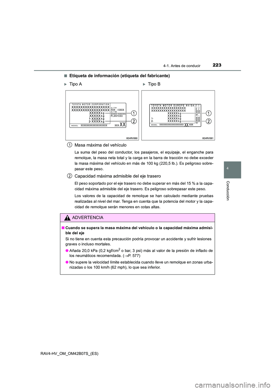 TOYOTA RAV4 HYBRID 2017  Manual del propietario (in Spanish) 2234-1. Antes de conducir
4
Conducción
RAV4-HV_OM_OM42B07S_(ES)■
Etiqueta de información (etiqueta del fabricante)
Masa máxima del vehículo
La suma del peso del conductor, los pasajeros, el equi