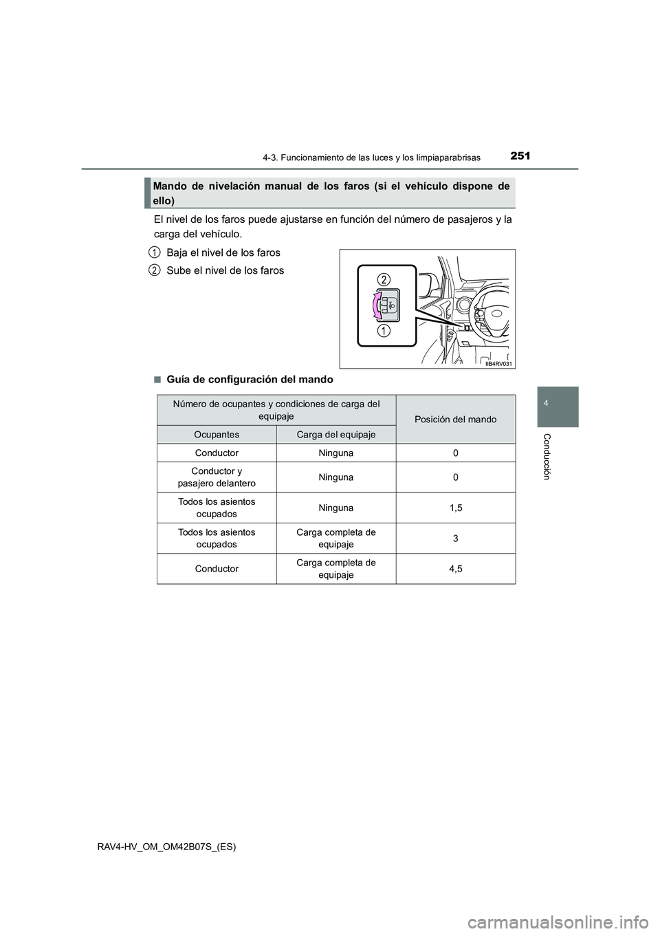 TOYOTA RAV4 HYBRID 2017  Manual del propietario (in Spanish) 2514-3. Funcionamiento de las luces y los limpiaparabrisas
4
Conducción
RAV4-HV_OM_OM42B07S_(ES)
El nivel de los faros puede ajustarse en función del número de pasajeros y la
carga del vehículo.Ba