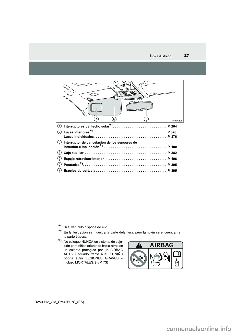 TOYOTA RAV4 HYBRID 2017 Manual del propietario (in Spanish) 27Índice ilustrado
RAV4-HV_OM_OM42B07S_(ES)Interruptores del techo solar
*1. . . . . . . . . . . . . . . . . . . . . . . . . . . . . P. 204
Luces interiores
*2 . . . . . . . . . . . . . . . . . . . TOYOTA RAV4 HYBRID 2017 Manual del propietario (in Spanish) 27Índice ilustrado
RAV4-HV_OM_OM42B07S_(ES)Interruptores del techo solar
*1. . . . . . . . . . . . . . . . . . . . . . . . . . . . . P. 204
Luces interiores
*2 . . . . . . . . . . . . . . . . . . .