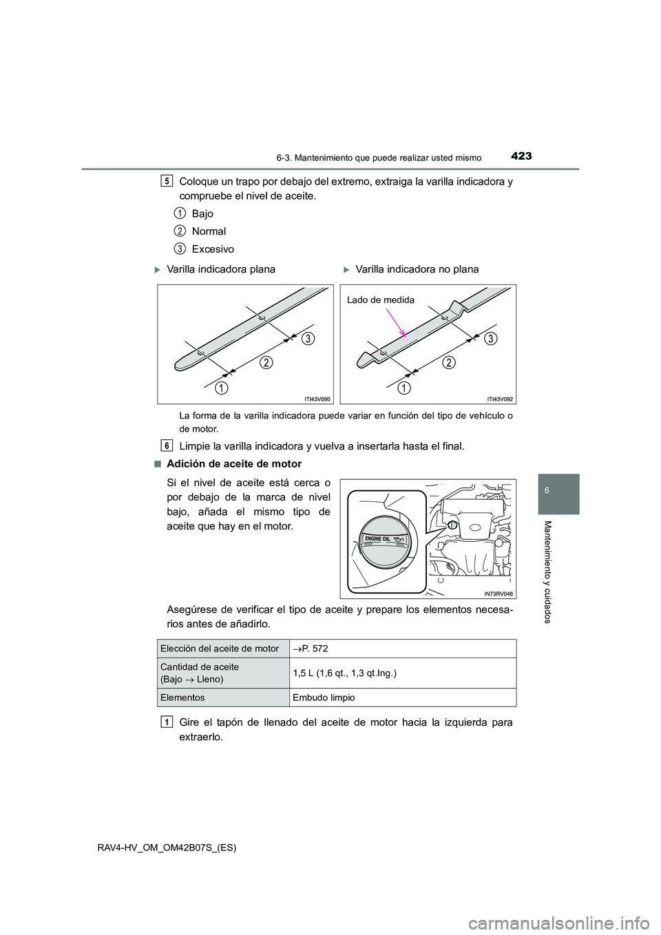 TOYOTA RAV4 HYBRID 2017 Manual del propietario (in Spanish) 4236-3. Mantenimiento que puede realizar usted mismo
RAV4-HV_OM_OM42B07S_(ES)
6
Mantenimiento y cuidados
Coloque un trapo por debajo del extremo, extraiga la varilla indicadora y
compruebe el nivel de TOYOTA RAV4 HYBRID 2017 Manual del propietario (in Spanish) 4236-3. Mantenimiento que puede realizar usted mismo
RAV4-HV_OM_OM42B07S_(ES)
6
Mantenimiento y cuidados
Coloque un trapo por debajo del extremo, extraiga la varilla indicadora y
compruebe el nivel de