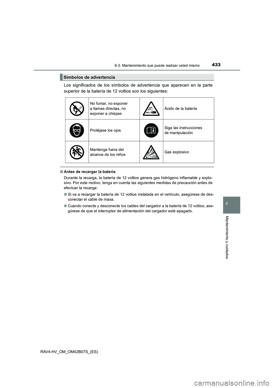 TOYOTA RAV4 HYBRID 2017 Manual del propietario (in Spanish) 4336-3. Mantenimiento que puede realizar usted mismo
RAV4-HV_OM_OM42B07S_(ES)
6
Mantenimiento y cuidados
Los significados de los símbolos de advertencia que aparecen en la parte
superior de la bater TOYOTA RAV4 HYBRID 2017 Manual del propietario (in Spanish) 4336-3. Mantenimiento que puede realizar usted mismo
RAV4-HV_OM_OM42B07S_(ES)
6
Mantenimiento y cuidados
Los significados de los símbolos de advertencia que aparecen en la parte
superior de la bater