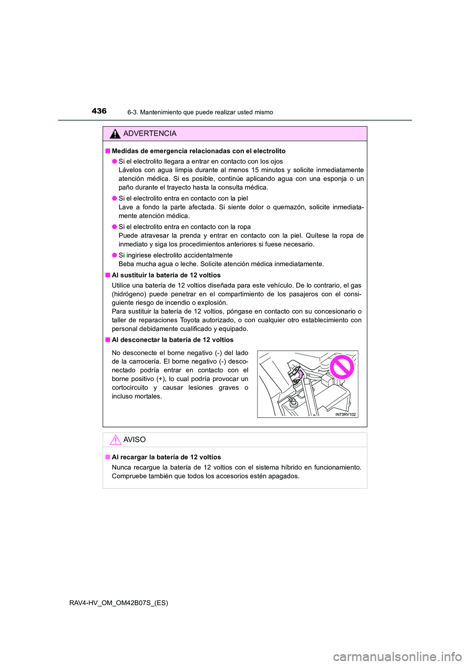 TOYOTA RAV4 HYBRID 2017 Manual del propietario (in Spanish) 4366-3. Mantenimiento que puede realizar usted mismo
RAV4-HV_OM_OM42B07S_(ES)
ADVERTENCIA
■Medidas de emergencia relacionadas con el electrolito
●Si el electrolito llegara a entrar en contacto con TOYOTA RAV4 HYBRID 2017 Manual del propietario (in Spanish) 4366-3. Mantenimiento que puede realizar usted mismo
RAV4-HV_OM_OM42B07S_(ES)
ADVERTENCIA
■Medidas de emergencia relacionadas con el electrolito
●Si el electrolito llegara a entrar en contacto con