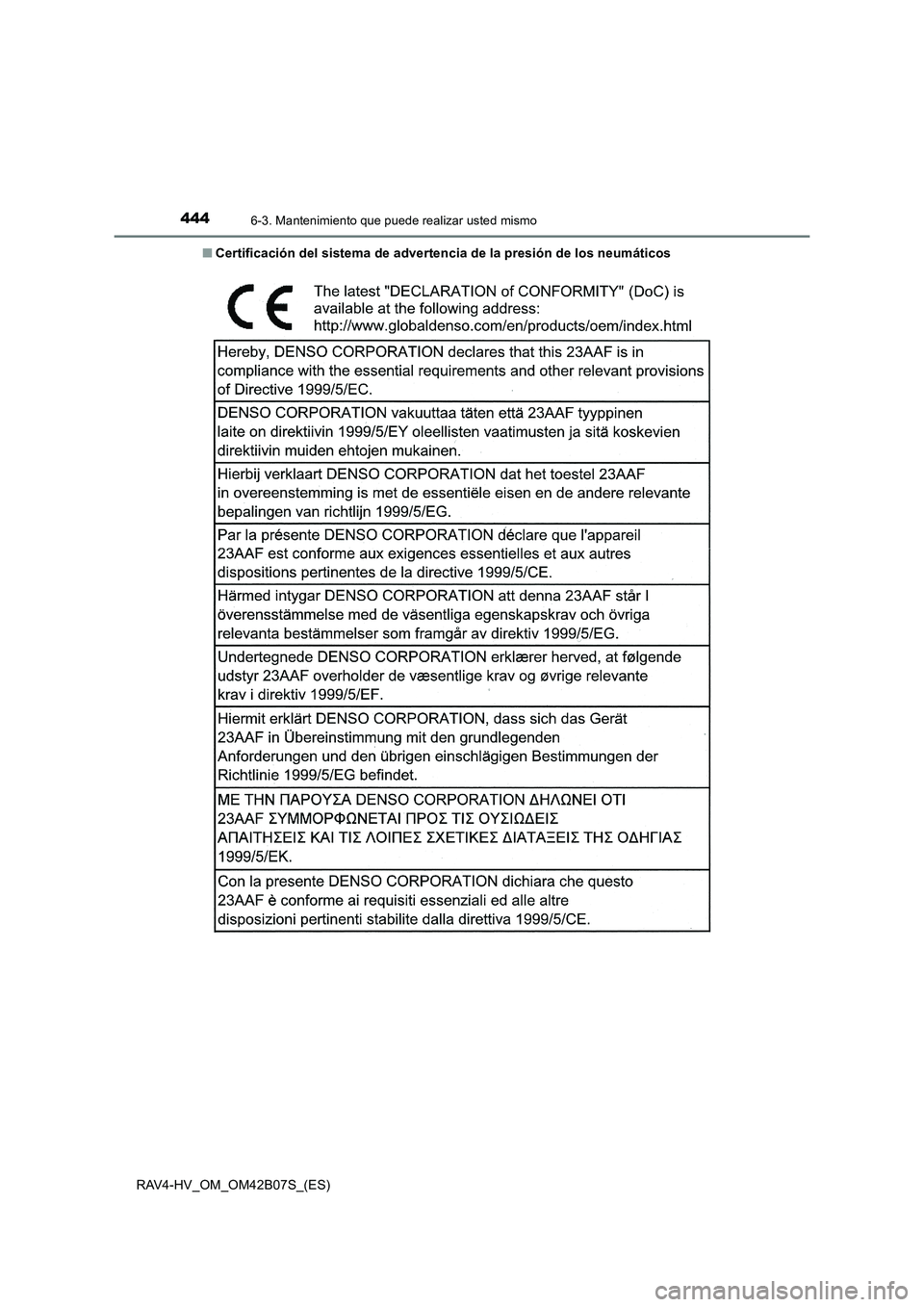 TOYOTA RAV4 HYBRID 2017  Manual del propietario (in Spanish) 4446-3. Mantenimiento que puede realizar usted mismo
RAV4-HV_OM_OM42B07S_(ES)■
Certificación del sistema de advertencia de la presión de los neumáticos 