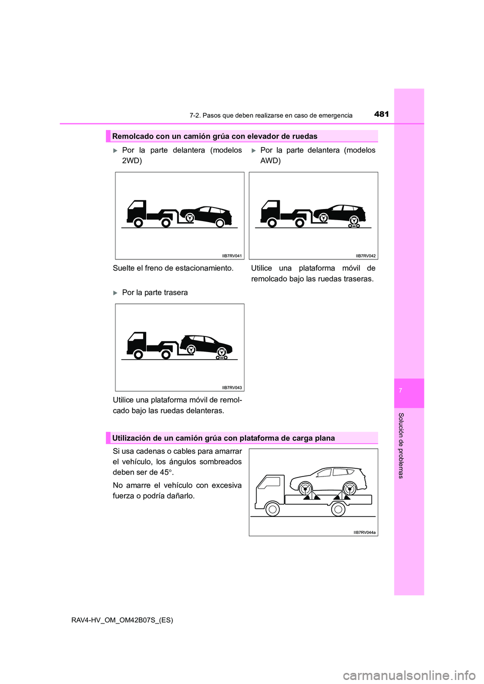 TOYOTA RAV4 HYBRID 2017  Manual del propietario (in Spanish) 4817-2. Pasos que deben realizarse en caso de emergencia
RAV4-HV_OM_OM42B07S_(ES)
7
Solución de problemas
Si usa cadenas o cables para amarrar
el vehículo, los ángulos sombreados
deben ser de 45°.