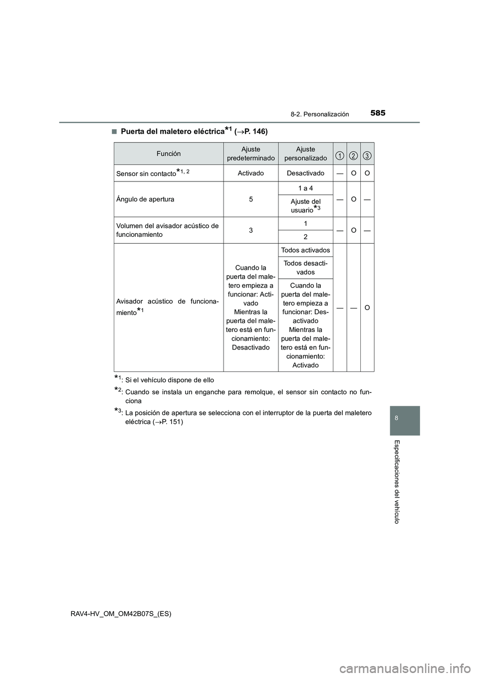 TOYOTA RAV4 HYBRID 2017  Manual del propietario (in Spanish) 5858-2. Personalización
RAV4-HV_OM_OM42B07S_(ES)
8
Especificaciones del vehículo
■Puerta del maletero eléctrica*1 (→ P. 146)
*1: Si el vehículo dispone de ello
*2: Cuando se instala un enganch