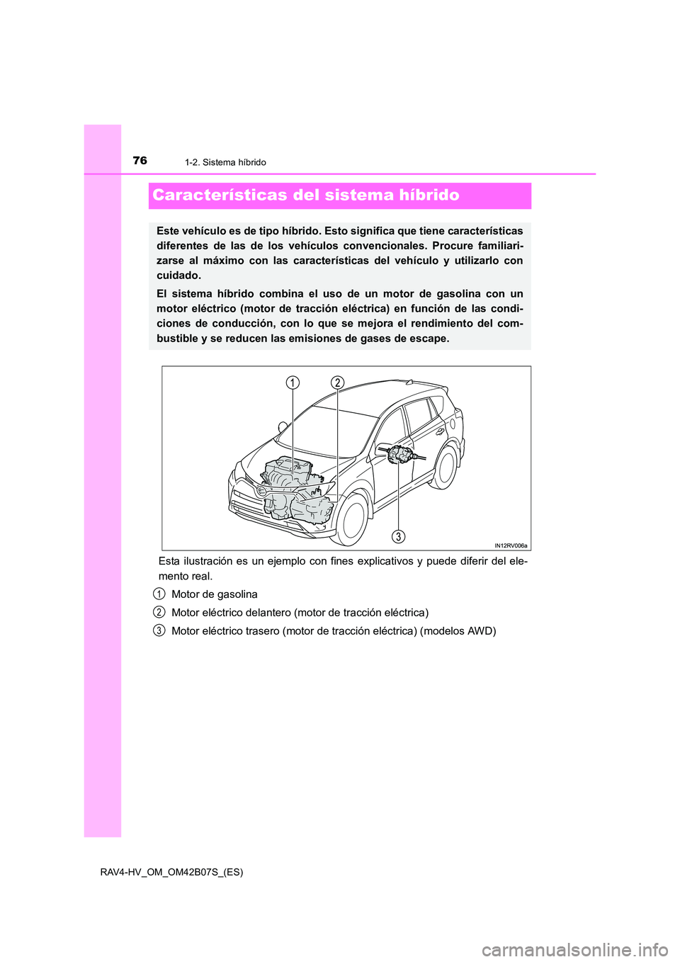 TOYOTA RAV4 HYBRID 2017  Manual del propietario (in Spanish) 761-2. Sistema híbrido
RAV4-HV_OM_OM42B07S_(ES)
Características del sistema híbrido
Esta ilustración es un ejemplo con fines explicativos y puede diferir del ele-
mento real.
Motor de gasolina
Mot