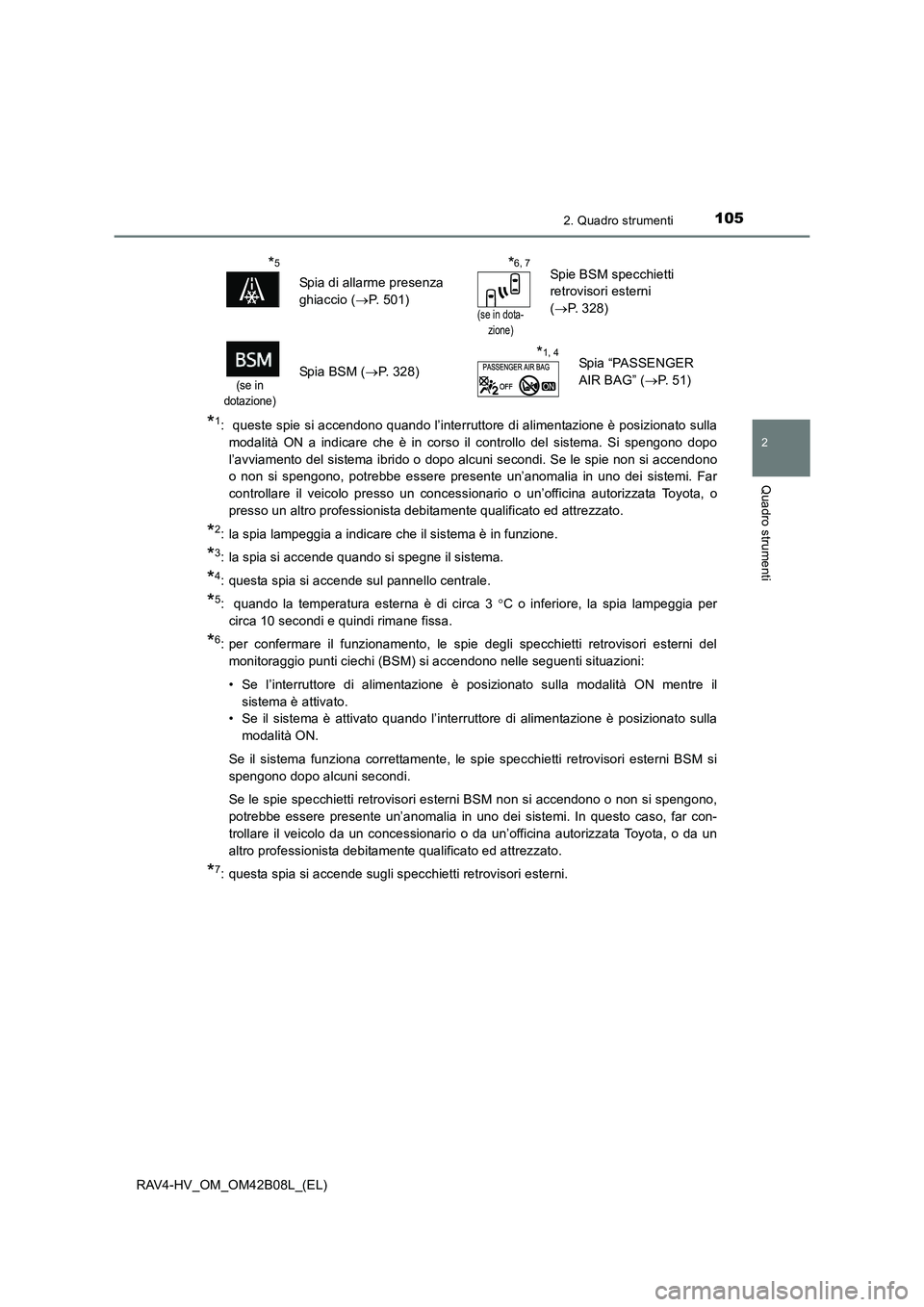 TOYOTA RAV4 HYBRID 2017 Manuale duso (in Italian) 1052. Quadro strumenti
2
Quadro strumenti
RAV4-HV_OM_OM42B08L_(EL)
*1: queste spie si accendono quando l’interruttore di alimentazione è posizionato sullamodalità ON a indicare che è in corso il TOYOTA RAV4 HYBRID 2017 Manuale duso (in Italian) 1052. Quadro strumenti
2
Quadro strumenti
RAV4-HV_OM_OM42B08L_(EL)
*1: queste spie si accendono quando l’interruttore di alimentazione è posizionato sullamodalità ON a indicare che è in corso il