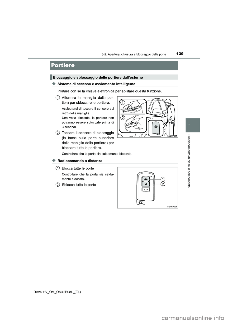 TOYOTA RAV4 HYBRID 2017  Manuale duso (in Italian) 139
3
3-2. Apertura, chiusura e bloccaggio delle porte
Funzionamento di ciascun componente
RAV4-HV_OM_OM42B08L_(EL)
Por tiere
◆Sistema di accesso e avviamento intelligente
Portare con sé la chiave 