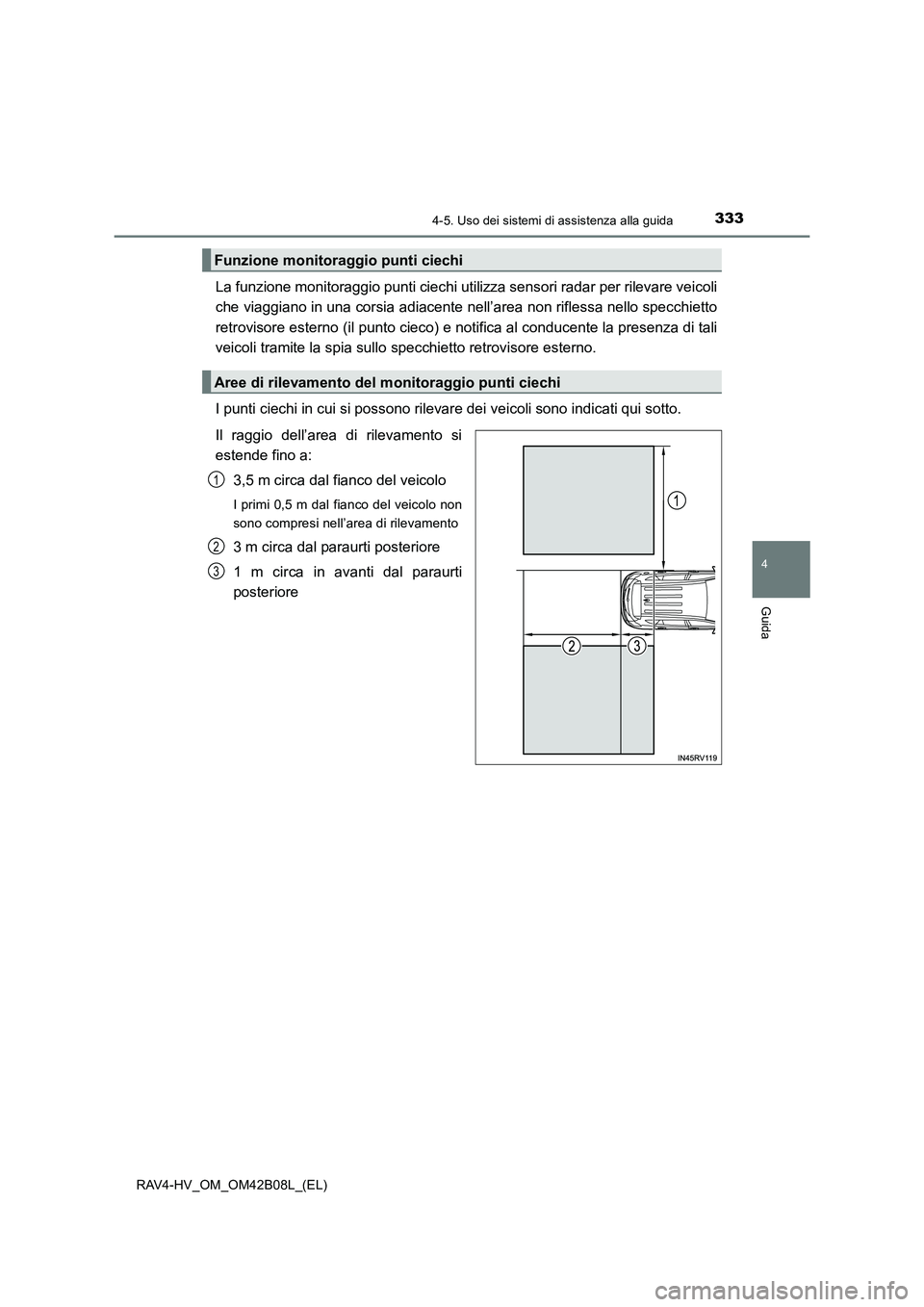 TOYOTA RAV4 HYBRID 2017  Manuale duso (in Italian) 3334-5. Uso dei sistemi di assistenza alla guida
4
Guida
RAV4-HV_OM_OM42B08L_(EL)
La funzione monitoraggio punti ciechi utilizza sensori radar per rilevare veicoli
che viaggiano in una corsia adiacent