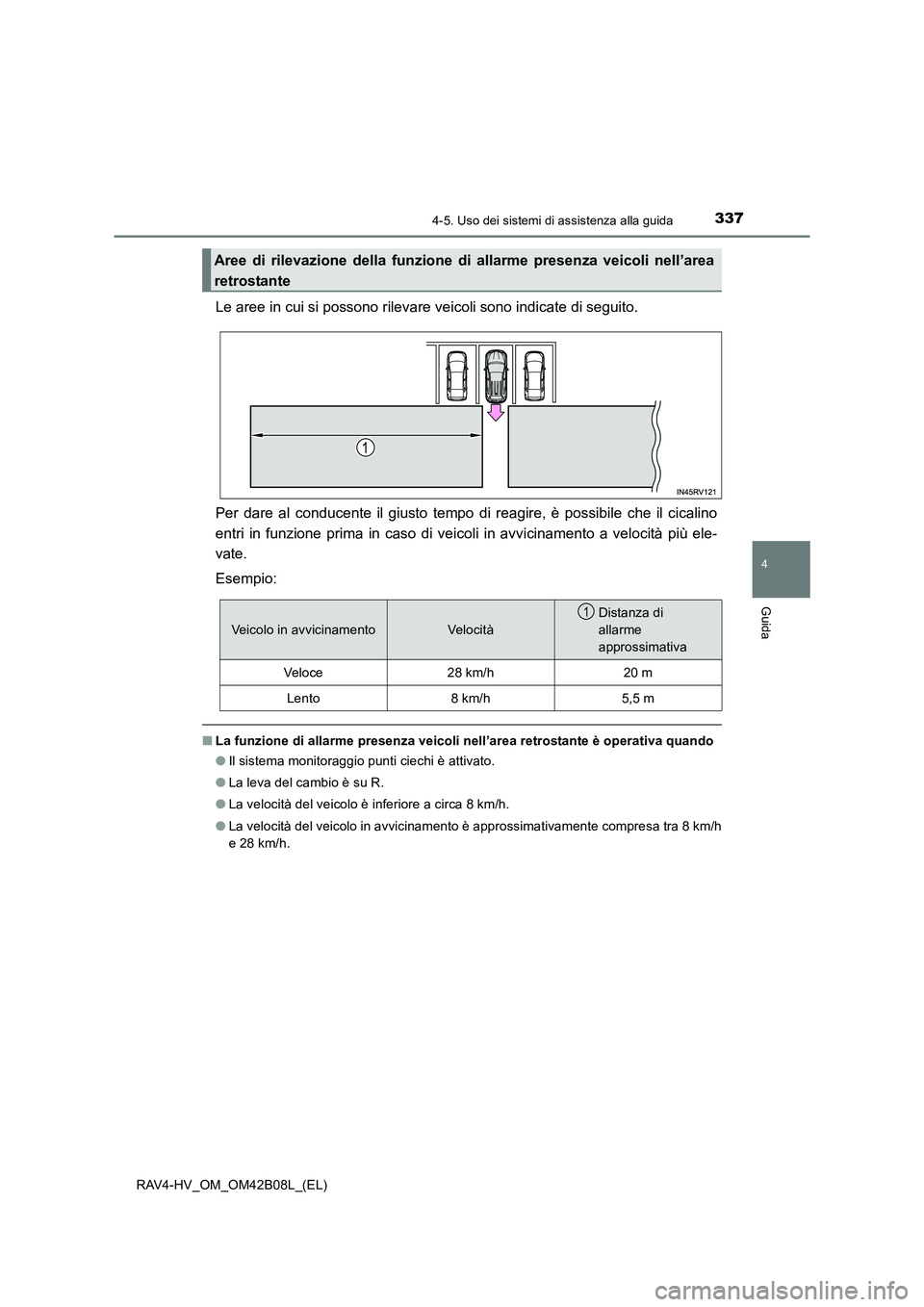 TOYOTA RAV4 HYBRID 2017  Manuale duso (in Italian) 3374-5. Uso dei sistemi di assistenza alla guida
4
Guida
RAV4-HV_OM_OM42B08L_(EL)
Le aree in cui si possono rilevare veicoli sono indicate di seguito.
Per dare al conducente il giusto tempo di reagire