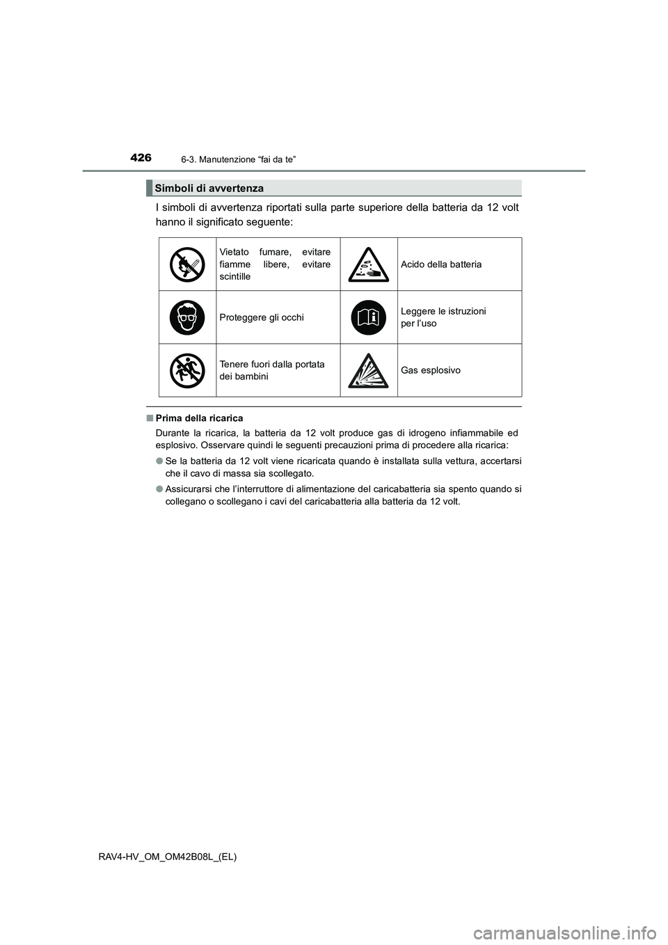 TOYOTA RAV4 HYBRID 2017  Manuale duso (in Italian) 4266-3. Manutenzione “fai da te”
RAV4-HV_OM_OM42B08L_(EL)
I simboli di avvertenza riportati sulla parte superiore della batteria da 12 volt
hanno il significato seguente:
■ Prima della ricarica
