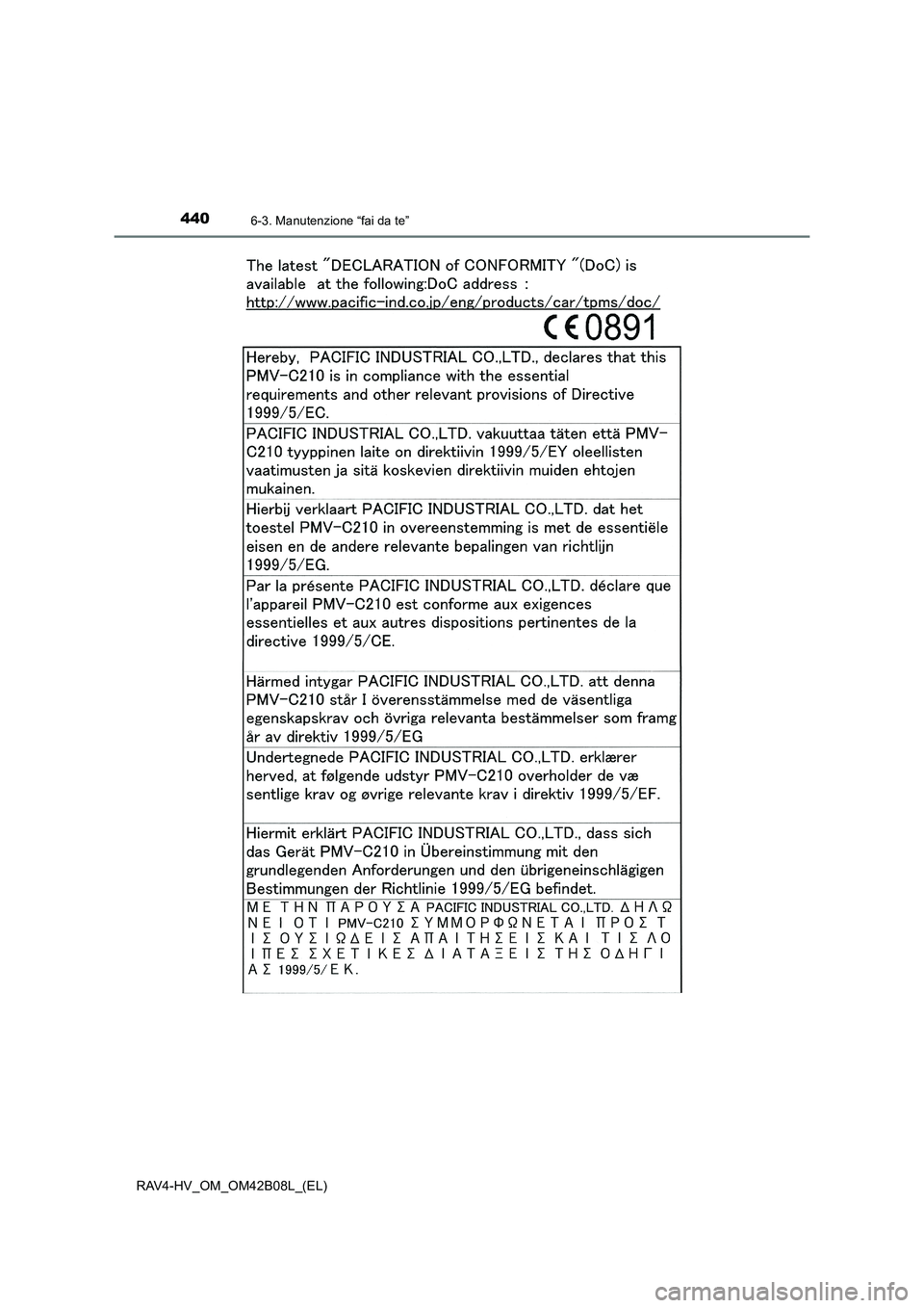 TOYOTA RAV4 HYBRID 2017  Manuale duso (in Italian) 4406-3. Manutenzione “fai da te”
RAV4-HV_OM_OM42B08L_(EL) 