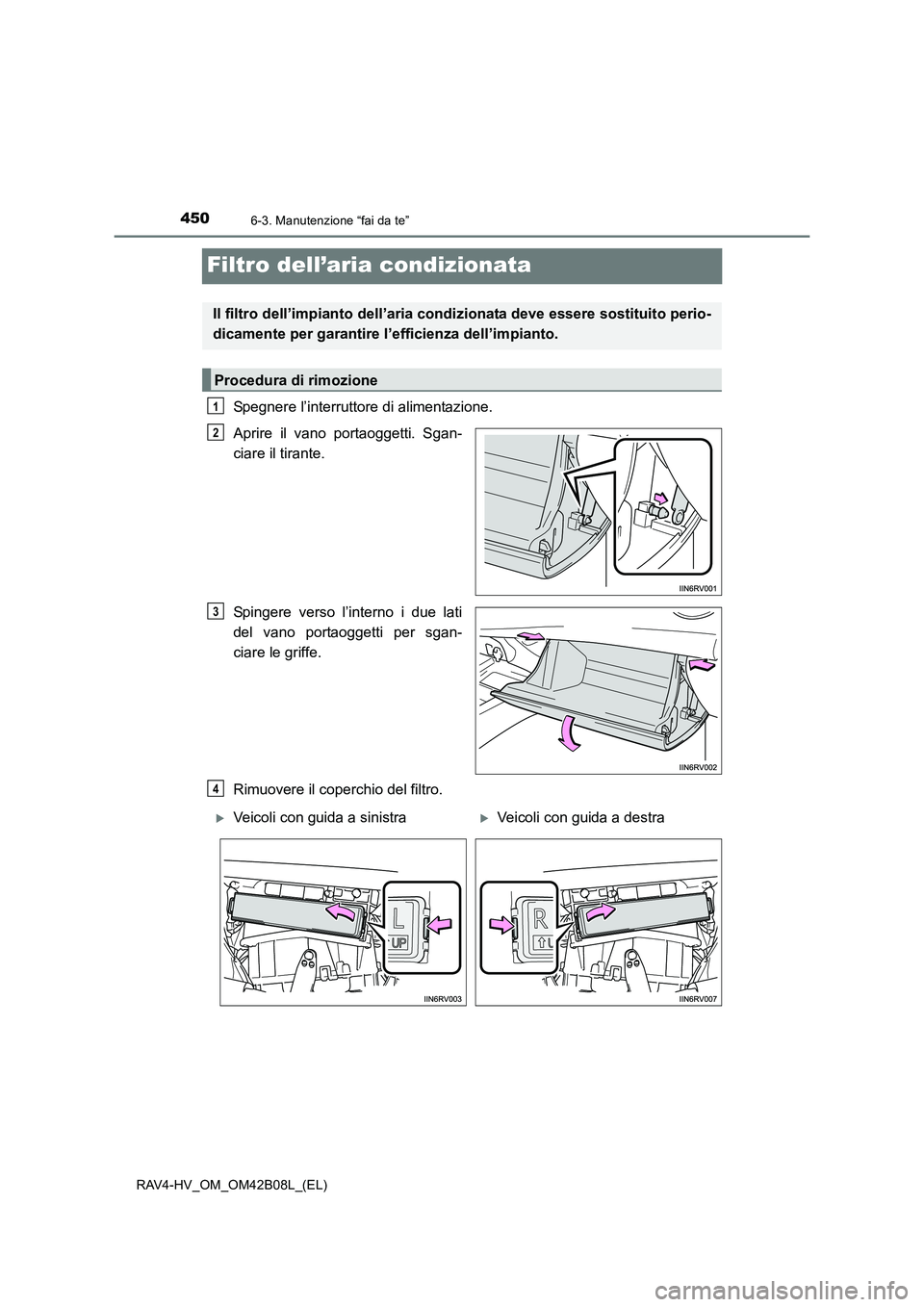 TOYOTA RAV4 HYBRID 2017  Manuale duso (in Italian) 4506-3. Manutenzione “fai da te”
RAV4-HV_OM_OM42B08L_(EL)
Filtro dell’aria condizionata
Spegnere l’interruttore di alimentazione.
Aprire il vano portaoggetti. Sgan-
ciare il tirante.
Spingere 