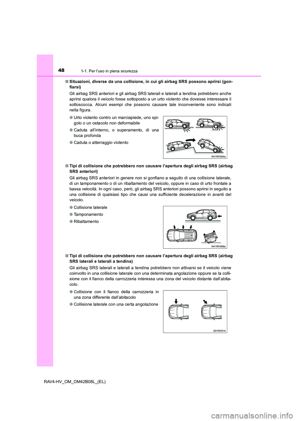 TOYOTA RAV4 HYBRID 2017 Manuale duso (in Italian) 481-1. Per l’uso in piena sicurezza
RAV4-HV_OM_OM42B08L_(EL)■
Situazioni, diverse da una collisione, in cui gli airbag SRS possono aprirsi (gon-
fiarsi)
Gli airbag SRS anteriori e gli airbag SRS TOYOTA RAV4 HYBRID 2017 Manuale duso (in Italian) 481-1. Per l’uso in piena sicurezza
RAV4-HV_OM_OM42B08L_(EL)■
Situazioni, diverse da una collisione, in cui gli airbag SRS possono aprirsi (gon-
fiarsi)
Gli airbag SRS anteriori e gli airbag SRS