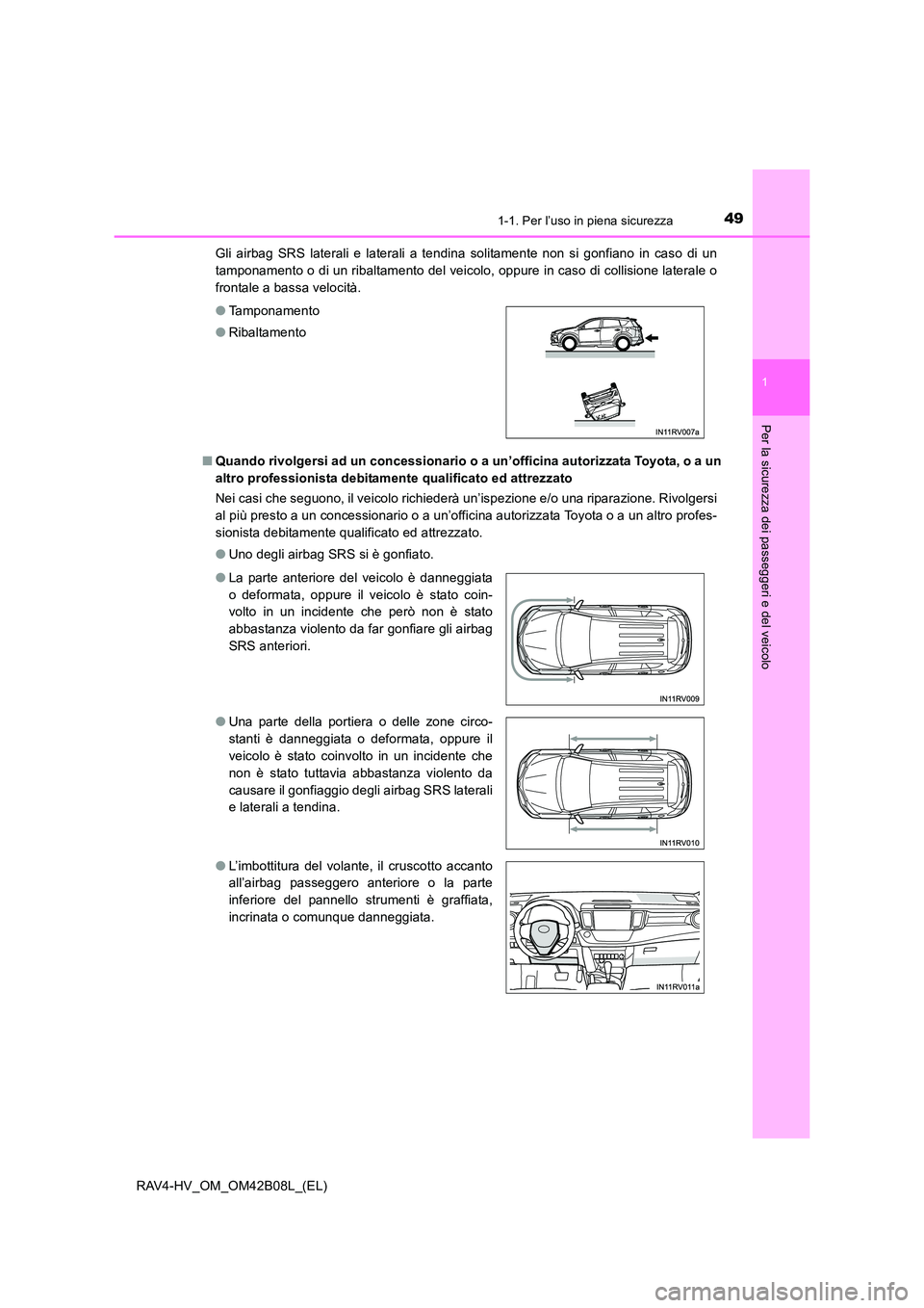 TOYOTA RAV4 HYBRID 2017 Manuale duso (in Italian) 491-1. Per l’uso in piena sicurezza
1
RAV4-HV_OM_OM42B08L_(EL)
Per la sicurezza dei passeggeri e del veicolo
Gli airbag SRS laterali e laterali a tendina solitamente non si gonfiano in caso di un
ta TOYOTA RAV4 HYBRID 2017 Manuale duso (in Italian) 491-1. Per l’uso in piena sicurezza
1
RAV4-HV_OM_OM42B08L_(EL)
Per la sicurezza dei passeggeri e del veicolo
Gli airbag SRS laterali e laterali a tendina solitamente non si gonfiano in caso di un
ta
