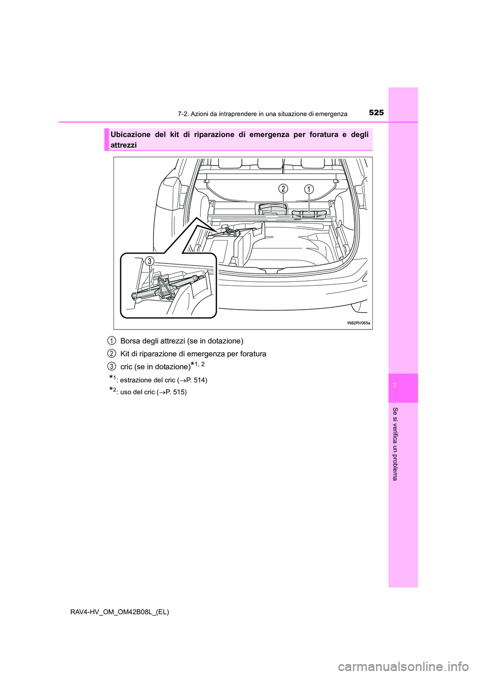 TOYOTA RAV4 HYBRID 2017 Manuale duso (in Italian) 5257-2. Azioni da intraprendere in una situazione di emergenza
RAV4-HV_OM_OM42B08L_(EL)
7
Se si verifica un problema
Borsa degli attrezzi (se in dotazione)
Kit di riparazione di emergenza per foratura TOYOTA RAV4 HYBRID 2017 Manuale duso (in Italian) 5257-2. Azioni da intraprendere in una situazione di emergenza
RAV4-HV_OM_OM42B08L_(EL)
7
Se si verifica un problema
Borsa degli attrezzi (se in dotazione)
Kit di riparazione di emergenza per foratura