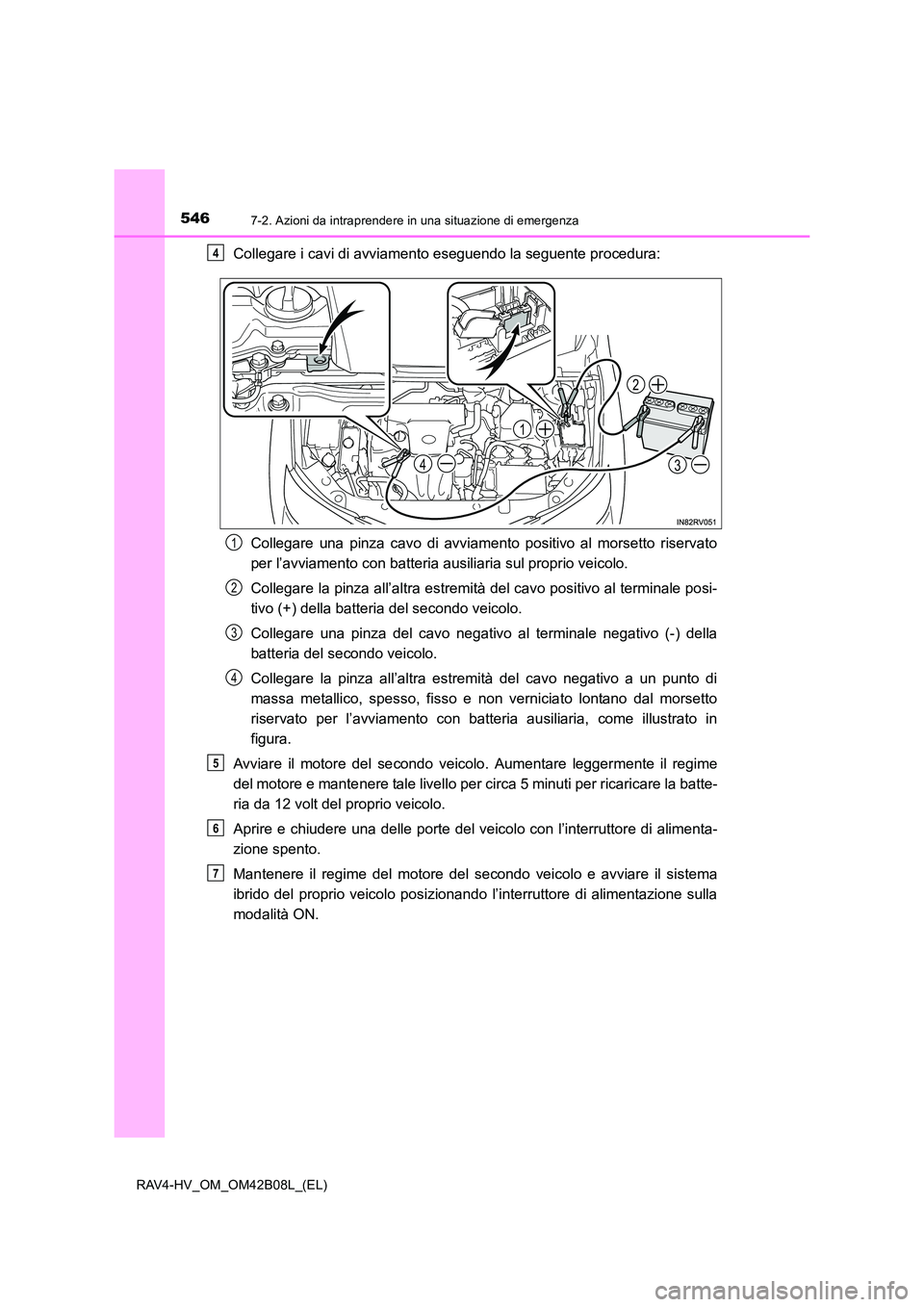 TOYOTA RAV4 HYBRID 2017 Manuale duso (in Italian) 5467-2. Azioni da intraprendere in una situazione di emergenza
RAV4-HV_OM_OM42B08L_(EL)
Collegare i cavi di avviamento eseguendo la seguente procedura:Collegare una pinza cavo di avviamento positivo a TOYOTA RAV4 HYBRID 2017 Manuale duso (in Italian) 5467-2. Azioni da intraprendere in una situazione di emergenza
RAV4-HV_OM_OM42B08L_(EL)
Collegare i cavi di avviamento eseguendo la seguente procedura:Collegare una pinza cavo di avviamento positivo a