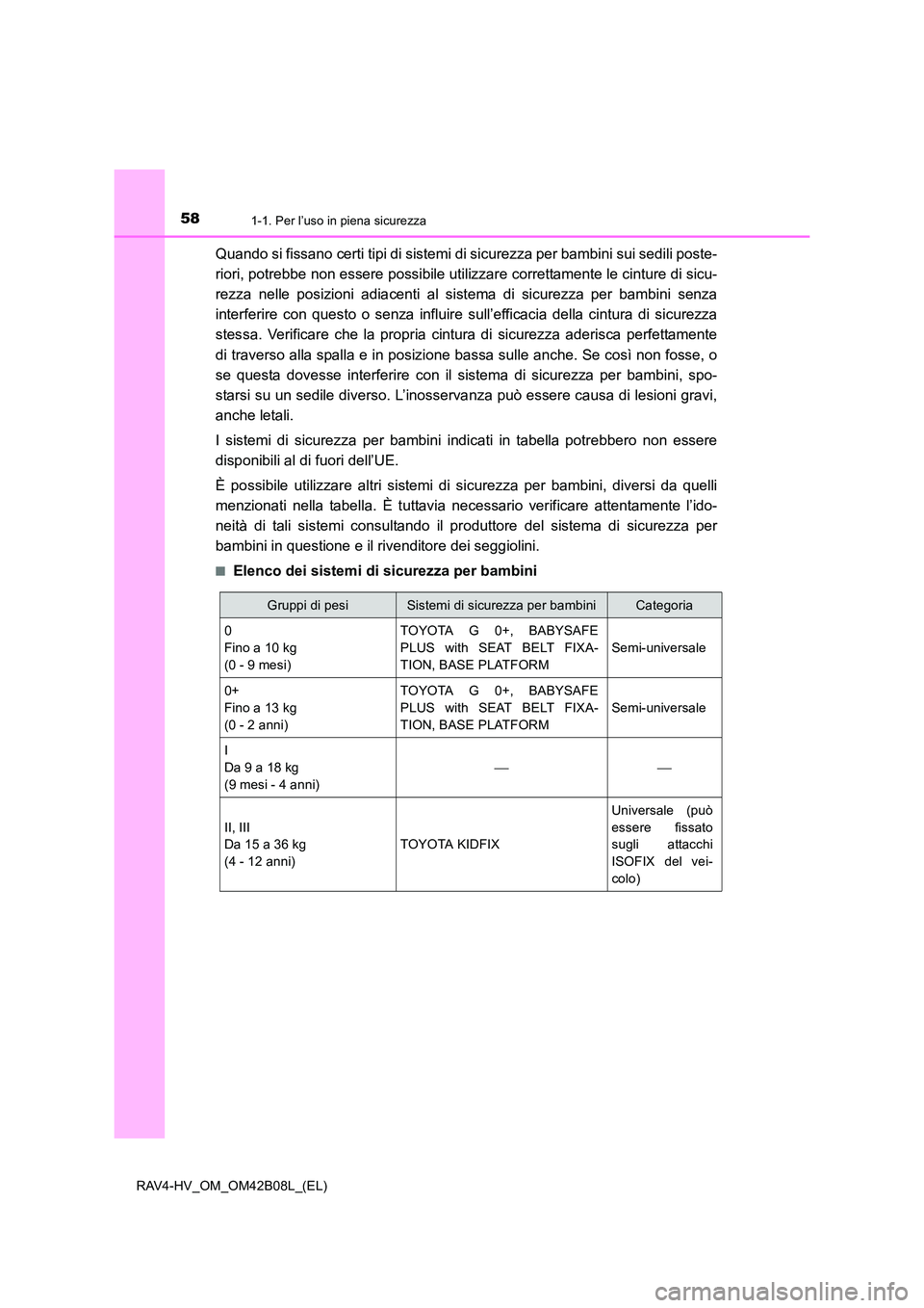 TOYOTA RAV4 HYBRID 2017 Manuale duso (in Italian) 581-1. Per l’uso in piena sicurezza
RAV4-HV_OM_OM42B08L_(EL)
Quando si fissano certi tipi di sistemi di sicurezza per bambini sui sedili poste-
riori, potrebbe non essere possibile utilizzare corret TOYOTA RAV4 HYBRID 2017 Manuale duso (in Italian) 581-1. Per l’uso in piena sicurezza
RAV4-HV_OM_OM42B08L_(EL)
Quando si fissano certi tipi di sistemi di sicurezza per bambini sui sedili poste-
riori, potrebbe non essere possibile utilizzare corret