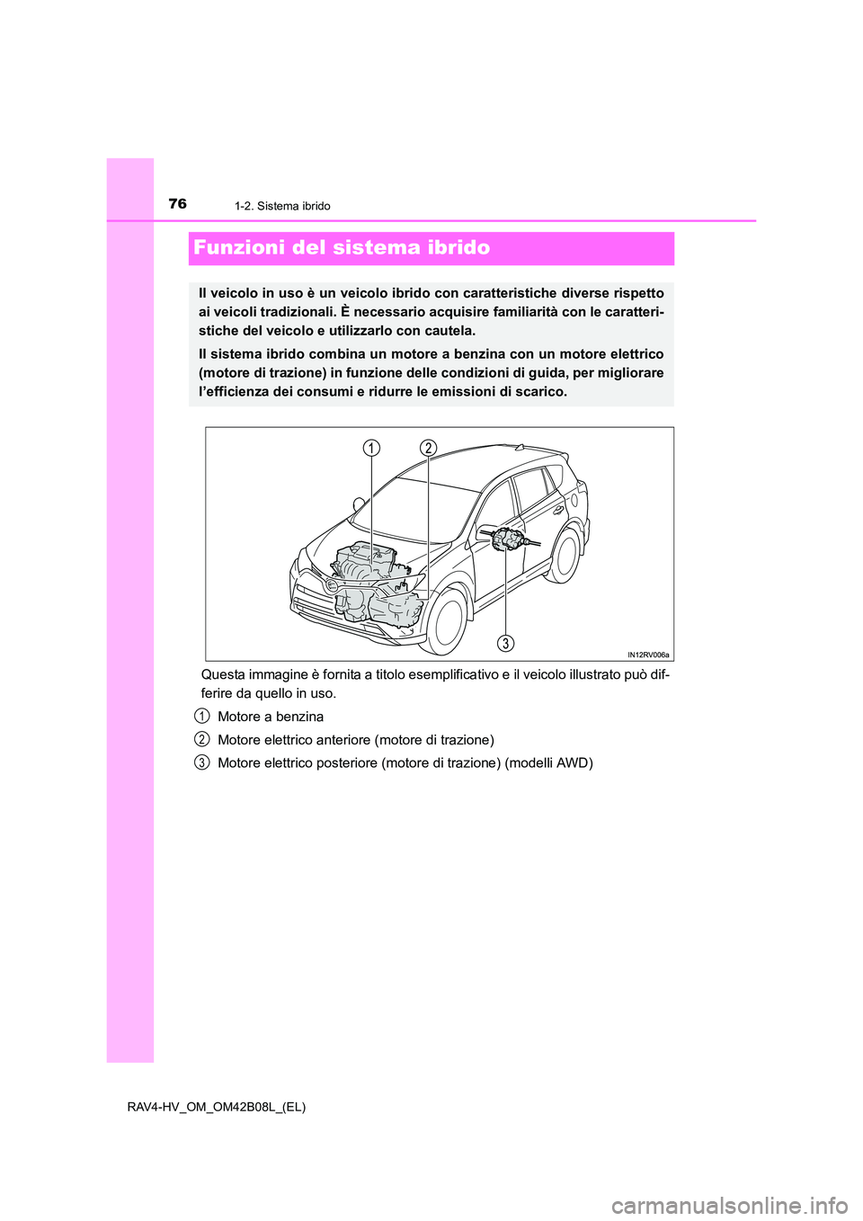 TOYOTA RAV4 HYBRID 2017 Manuale duso (in Italian) 761-2. Sistema ibrido
RAV4-HV_OM_OM42B08L_(EL)
Funzioni del sistema ibrido
Questa immagine è fornita a titolo esemplificativo e il veicolo illustrato può dif-
ferire da quello in uso.Motore a benzin TOYOTA RAV4 HYBRID 2017 Manuale duso (in Italian) 761-2. Sistema ibrido
RAV4-HV_OM_OM42B08L_(EL)
Funzioni del sistema ibrido
Questa immagine è fornita a titolo esemplificativo e il veicolo illustrato può dif-
ferire da quello in uso.Motore a benzin