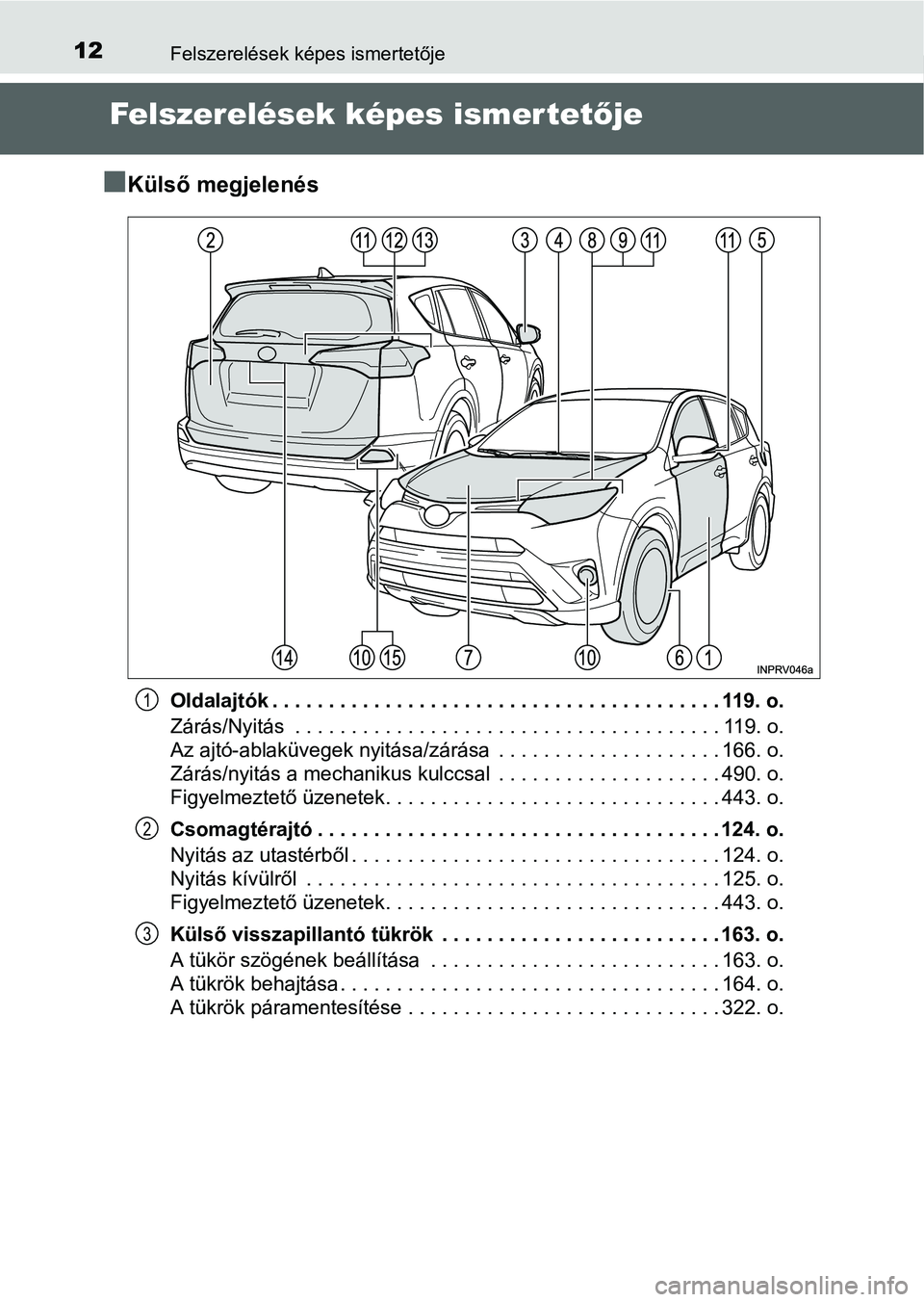 TOYOTA RAV4 HYBRID 2015 Kezelési útmutató (in Hungarian) 12Felszerelések képes ismertetője
Felszerelések képes ismer tetője
Külső megjelenés
Oldalajtók . . . . . . . . . . . . . . . . . . . . . . . . . . . . . . . . . . . . . . . . 119. o.
Zá TOYOTA RAV4 HYBRID 2015 Kezelési útmutató (in Hungarian) 12Felszerelések képes ismertetője
Felszerelések képes ismer tetője
Külső megjelenés
Oldalajtók . . . . . . . . . . . . . . . . . . . . . . . . . . . . . . . . . . . . . . . . 119. o.
Zá