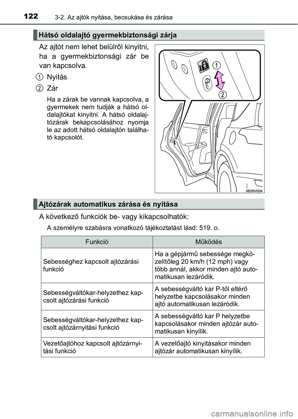 TOYOTA RAV4 HYBRID 2015  Kezelési útmutató (in Hungarian) 1223-2. Az ajtók nyitása, becsukása és zárása
Az ajtót nem lehet belülről kinyitni,
ha a gyermekbiztonsági zár be
van kapcsolva.
Nyitás
Zár
Ha a zárak be vannak kapcsolva, a
gyermekek ne