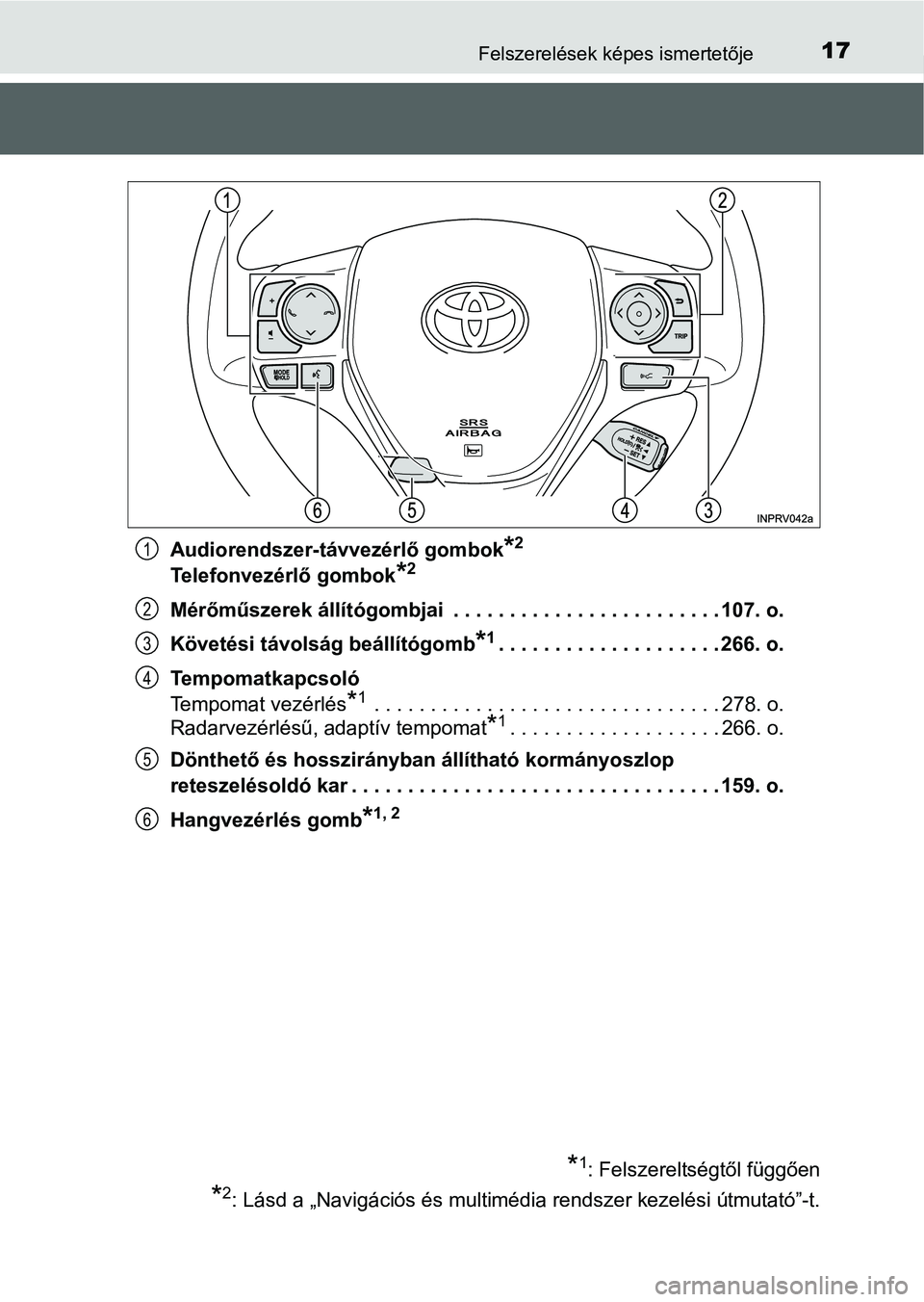 TOYOTA RAV4 HYBRID 2015 Kezelési útmutató (in Hungarian) 17Felszerelések képes ismertetője
Audiorendszer-távvezérlő gombok*2
Telefonvezérlő gombok*2
Mérőműszerek állítógombjai . . . . . . . . . . . . . . . . . . . . . . . . 107. o.
Követési TOYOTA RAV4 HYBRID 2015 Kezelési útmutató (in Hungarian) 17Felszerelések képes ismertetője
Audiorendszer-távvezérlő gombok*2
Telefonvezérlő gombok*2
Mérőműszerek állítógombjai . . . . . . . . . . . . . . . . . . . . . . . . 107. o.
Követési