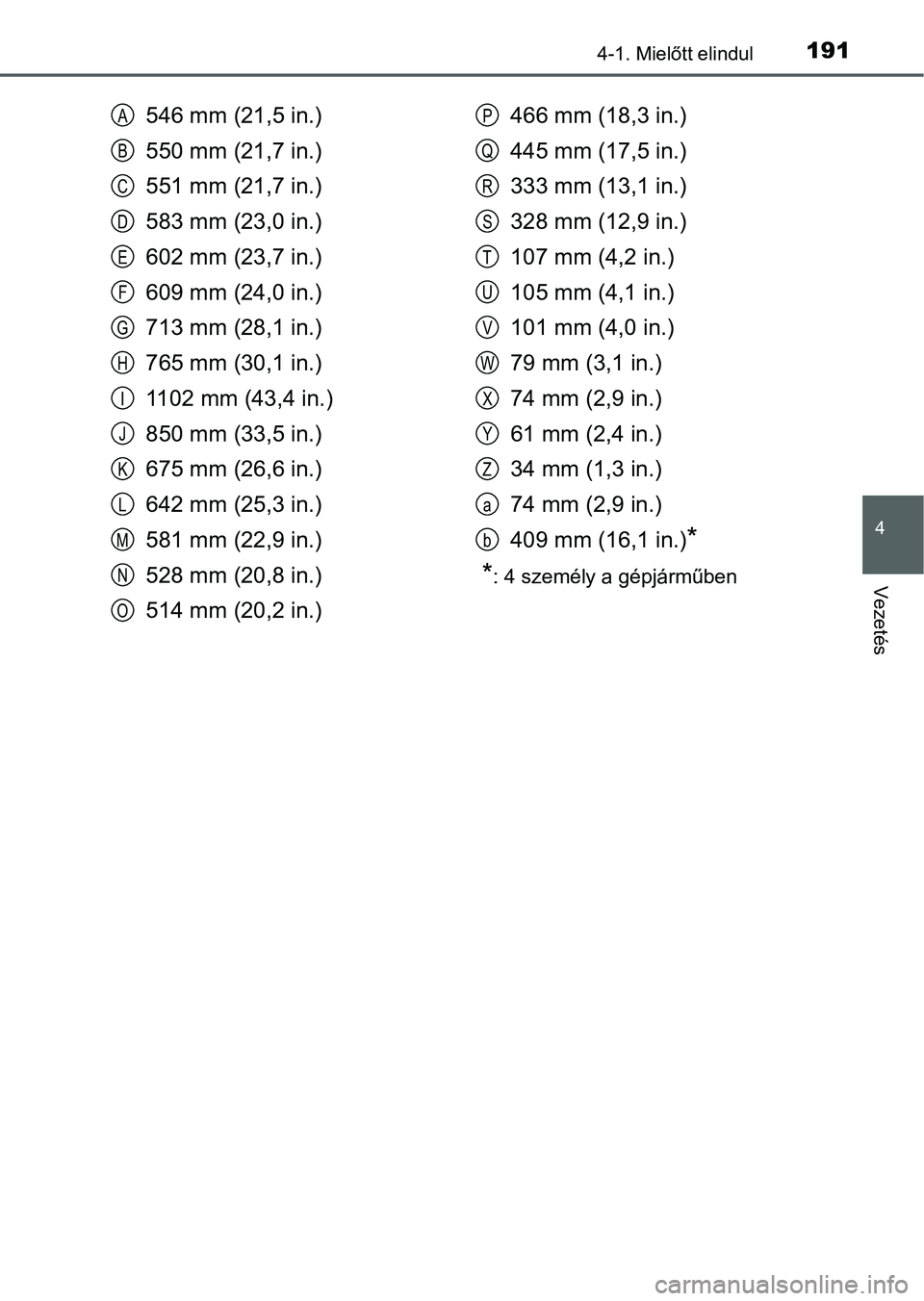 TOYOTA RAV4 HYBRID 2015  Kezelési útmutató (in Hungarian) 1914-1. Mielőtt elindul
4
Vezetés
546 mm (21,5 in.)
550 mm (21,7 in.)
551 mm (21,7 in.)
583 mm (23,0 in.)
602 mm (23,7 in.)
609 mm (24,0 in.)
713 mm (28,1 in.)
765 mm (30,1 in.)
1102 mm (43,4 in.)
8