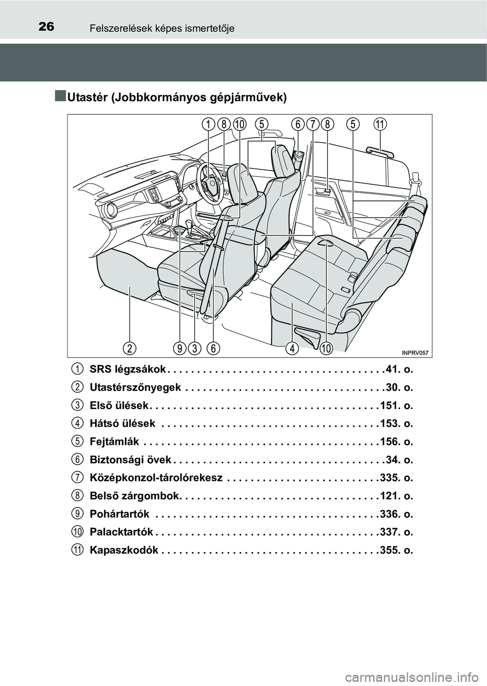 TOYOTA RAV4 HYBRID 2015 Kezelési útmutató (in Hungarian) 26Felszerelések képes ismertetője
Utastér (Jobbkormányos gépjárművek)
SRS légzsákok . . . . . . . . . . . . . . . . . . . . . . . . . . . . . . . . . . . . . 41. o.
Utastérszőnyegek . TOYOTA RAV4 HYBRID 2015 Kezelési útmutató (in Hungarian) 26Felszerelések képes ismertetője
Utastér (Jobbkormányos gépjárművek)
SRS légzsákok . . . . . . . . . . . . . . . . . . . . . . . . . . . . . . . . . . . . . 41. o.
Utastérszőnyegek .