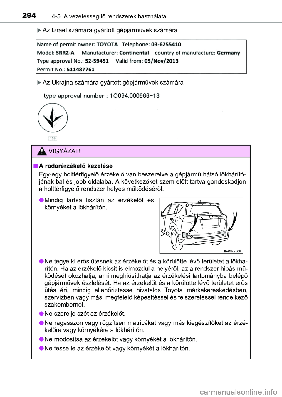 TOYOTA RAV4 HYBRID 2015  Kezelési útmutató (in Hungarian) 2944-5. A vezetéssegítő rendszerek használata
Az Izrael számára gyártott gépjárművek számára
Az Ukrajna számára gyártott gépjárművek számára
VIGYÁZAT!
A radarérzékelő 