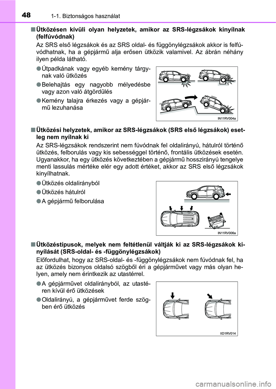 TOYOTA RAV4 HYBRID 2015 Kezelési útmutató (in Hungarian) 481-1. Biztonságos használat
Ütközésen kívüli olyan helyzetek, amikor az SRS-légzsákok kinyílnak
(felfúvódnak)
Az SRS első légzsákok és az SRS oldal- és függönylégzsákok akkor TOYOTA RAV4 HYBRID 2015 Kezelési útmutató (in Hungarian) 481-1. Biztonságos használat
Ütközésen kívüli olyan helyzetek, amikor az SRS-légzsákok kinyílnak
(felfúvódnak)
Az SRS első légzsákok és az SRS oldal- és függönylégzsákok akkor