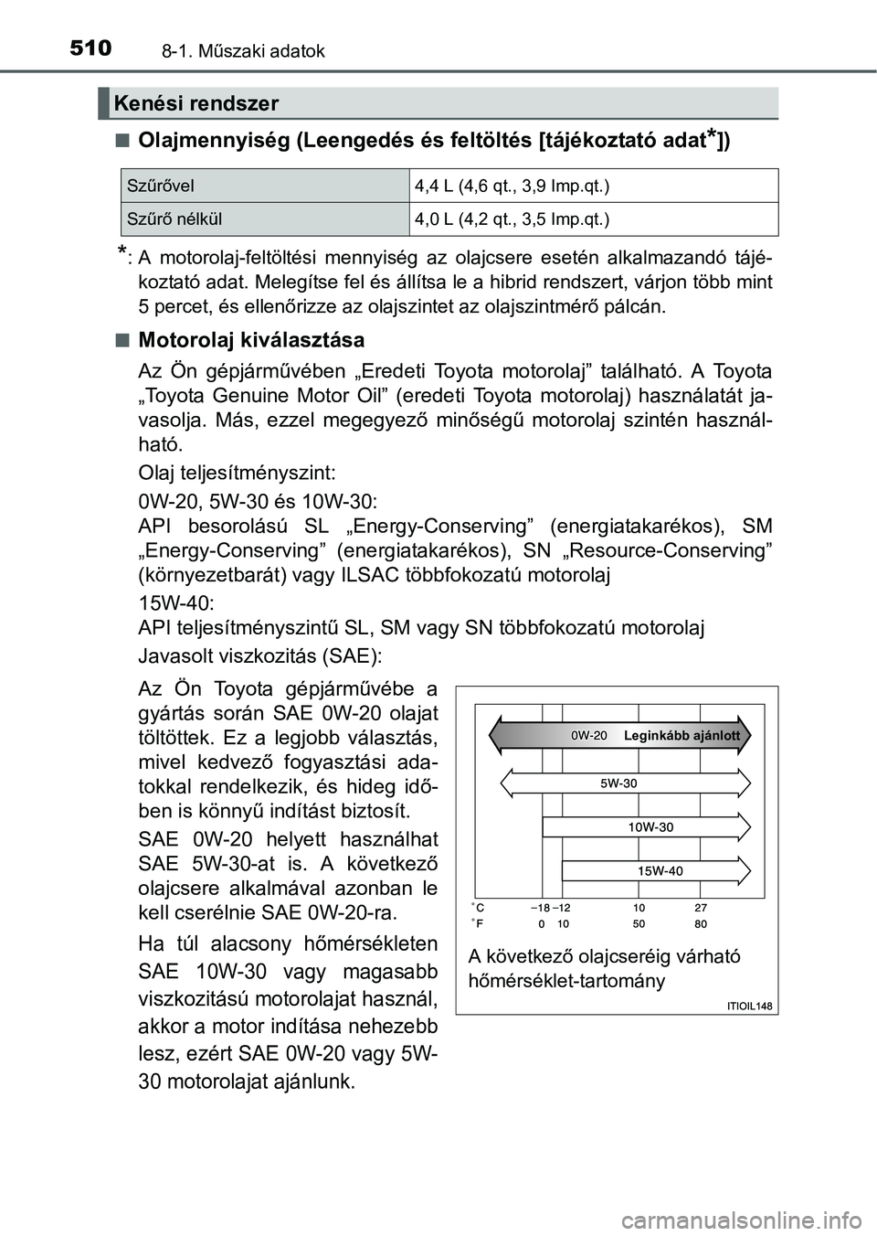 TOYOTA RAV4 HYBRID 2015  Kezelési útmutató (in Hungarian) 5108-1. Műszaki adatok
Olajmennyiség (Leengedés és feltöltés [tájékoztató adat*])
*: A motorolaj-feltöltési mennyiség az olajcsere esetén alkalmazandó tájé-
koztató adat. Melegíts