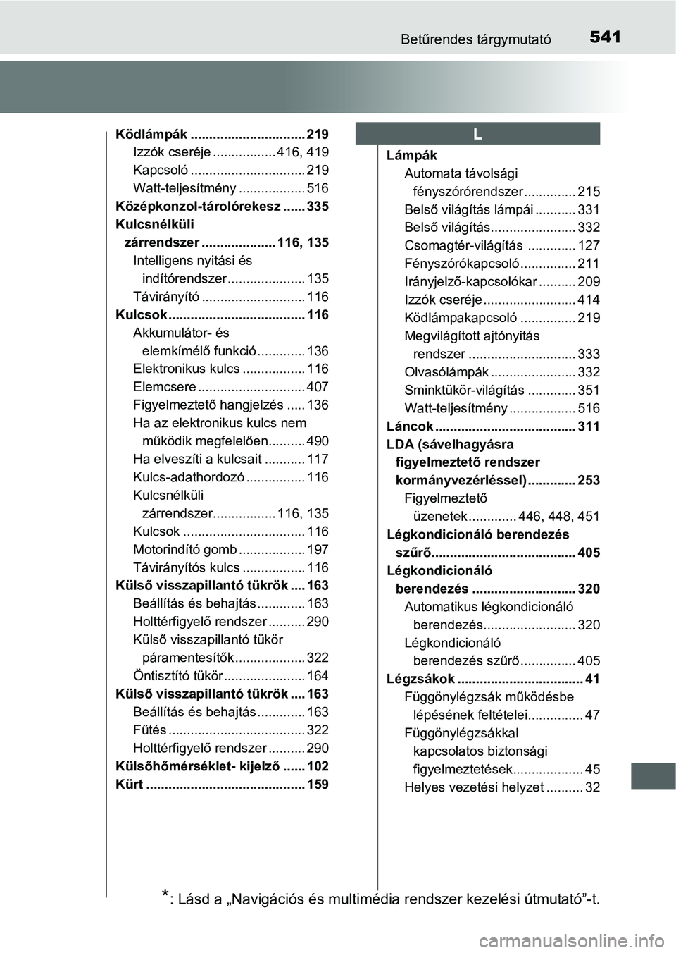 TOYOTA RAV4 HYBRID 2015 Kezelési útmutató (in Hungarian) 541Betűrendes tárgymutató
Ködlámpák ............................... 219
Izzók cseréje ................. 416, 419
Kapcsoló ............................... 219
Watt-teljesítmény ............. TOYOTA RAV4 HYBRID 2015 Kezelési útmutató (in Hungarian) 541Betűrendes tárgymutató
Ködlámpák ............................... 219
Izzók cseréje ................. 416, 419
Kapcsoló ............................... 219
Watt-teljesítmény .............
