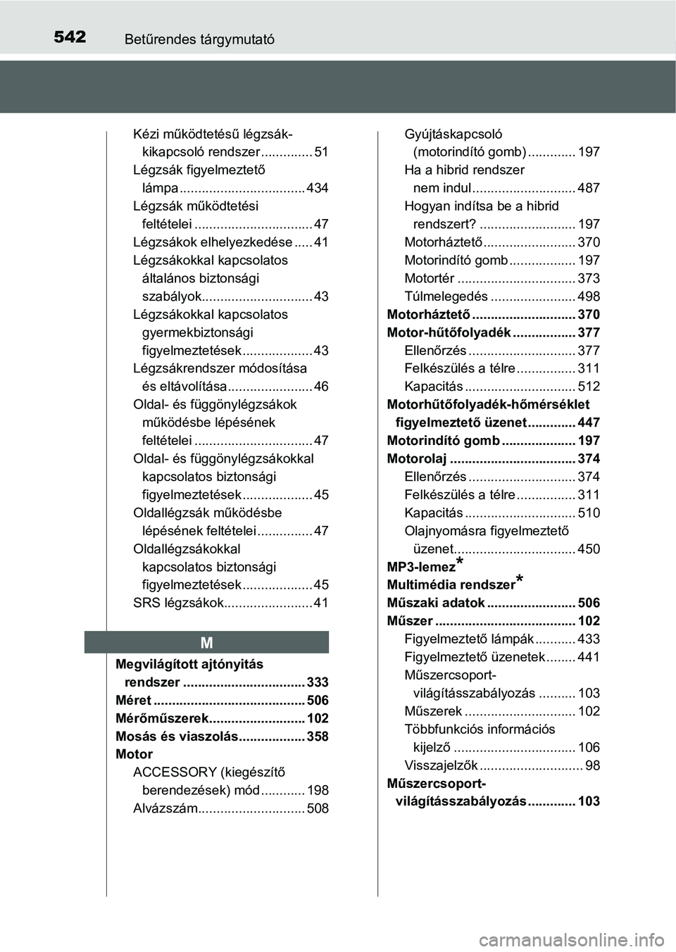 TOYOTA RAV4 HYBRID 2015 Kezelési útmutató (in Hungarian) 542Betűrendes tárgymutató
Kézi működtetésű légzsák-
kikapcsoló rendszer .............. 51
Légzsák figyelmeztető
lámpa .................................. 434
Légzsák működtetési
f TOYOTA RAV4 HYBRID 2015 Kezelési útmutató (in Hungarian) 542Betűrendes tárgymutató
Kézi működtetésű légzsák-
kikapcsoló rendszer .............. 51
Légzsák figyelmeztető
lámpa .................................. 434
Légzsák működtetési
f