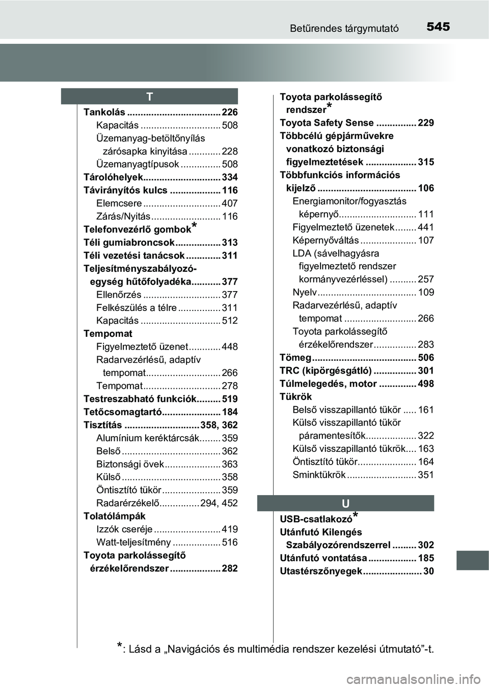 TOYOTA RAV4 HYBRID 2015 Kezelési útmutató (in Hungarian) 545Betűrendes tárgymutató
Tankolás ................................... 226
Kapacitás .............................. 508
Üzemanyag-betöltőnyílás
zárósapka kinyitása ............ 228
Üzem TOYOTA RAV4 HYBRID 2015 Kezelési útmutató (in Hungarian) 545Betűrendes tárgymutató
Tankolás ................................... 226
Kapacitás .............................. 508
Üzemanyag-betöltőnyílás
zárósapka kinyitása ............ 228
Üzem