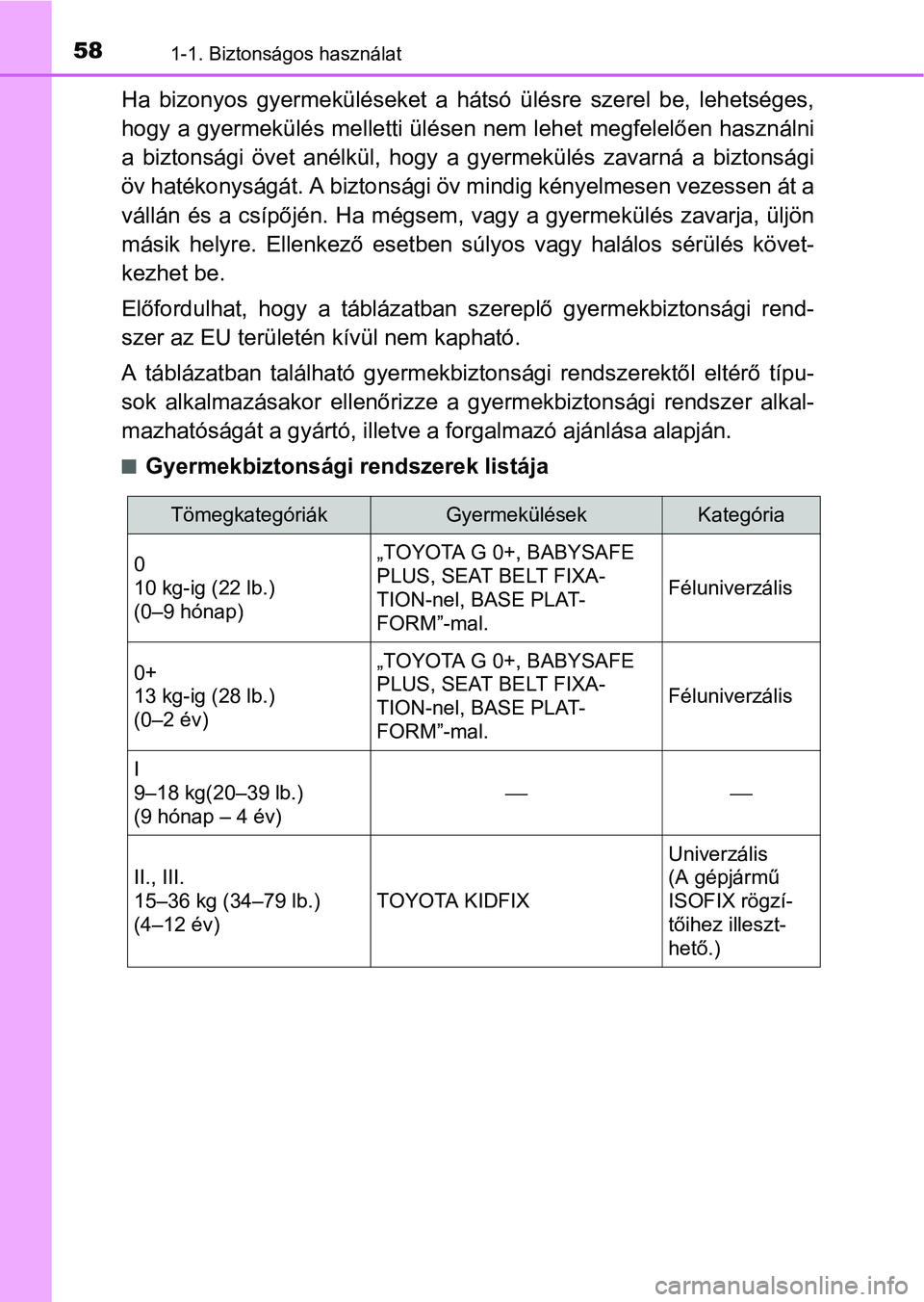 TOYOTA RAV4 HYBRID 2015 Kezelési útmutató (in Hungarian) 581-1. Biztonságos használat
Ha bizonyos gyermeküléseket a hátsó ülésre szerel be, lehetséges,
hogy a gyermekülés melletti ülésen nem lehet megfelelően használni
a biztonsági övet an TOYOTA RAV4 HYBRID 2015 Kezelési útmutató (in Hungarian) 581-1. Biztonságos használat
Ha bizonyos gyermeküléseket a hátsó ülésre szerel be, lehetséges,
hogy a gyermekülés melletti ülésen nem lehet megfelelően használni
a biztonsági övet an