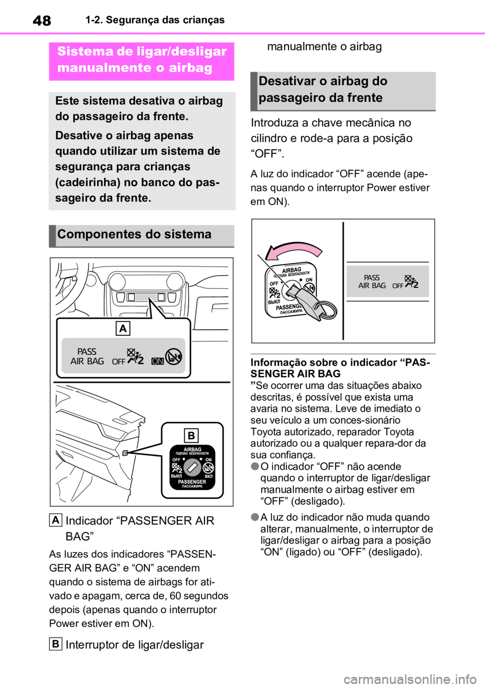 TOYOTA RAV4 PLUG-IN HYBRID 2023 Manual de utilização (in Portuguese) 481-2. Segurança das crianças
1-2.Segurança das crianças
Indicador “PASSENGER AIR
BAG”
As luzes dos indicadores “PASSEN-
GER AIR BAG” e “ON” acendem
quando o sistema de airbags for a TOYOTA RAV4 PLUG-IN HYBRID 2023 Manual de utilização (in Portuguese) 481-2. Segurança das crianças
1-2.Segurança das crianças
Indicador “PASSENGER AIR
BAG”
As luzes dos indicadores “PASSEN-
GER AIR BAG” e “ON” acendem
quando o sistema de airbags for a