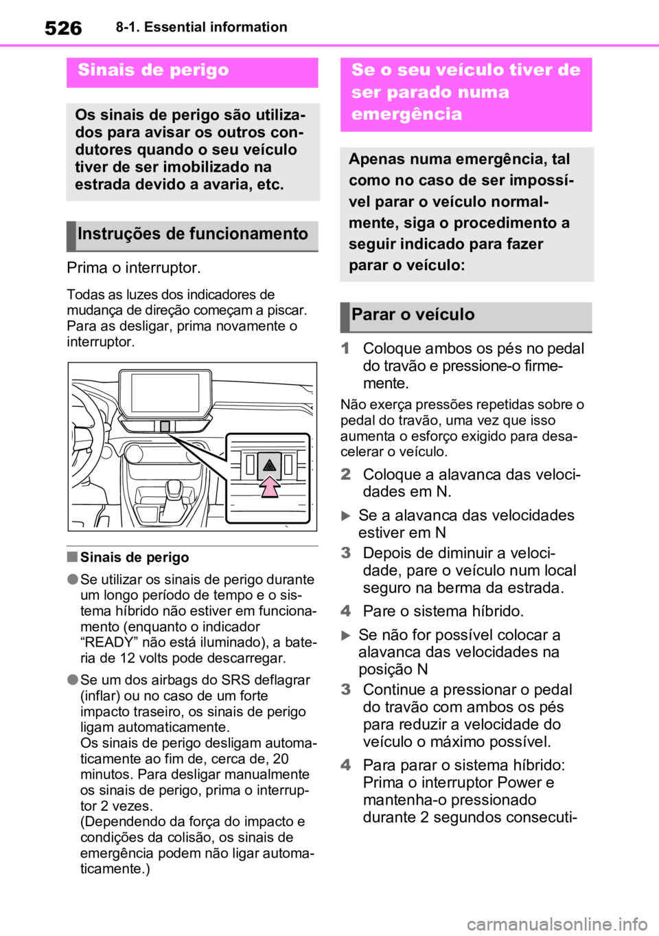 TOYOTA RAV4 PLUG-IN HYBRID 2023 Manual de utilização (in Portuguese) 5268-1. Essential information
8-1.Essential information
Prima o interruptor.
Todas as luzes dos indicadores de
mudança de direção começam a piscar.
Para as desligar, prima novamente o
interrupt TOYOTA RAV4 PLUG-IN HYBRID 2023 Manual de utilização (in Portuguese) 5268-1. Essential information
8-1.Essential information
Prima o interruptor.
Todas as luzes dos indicadores de
mudança de direção começam a piscar.
Para as desligar, prima novamente o
interrupt