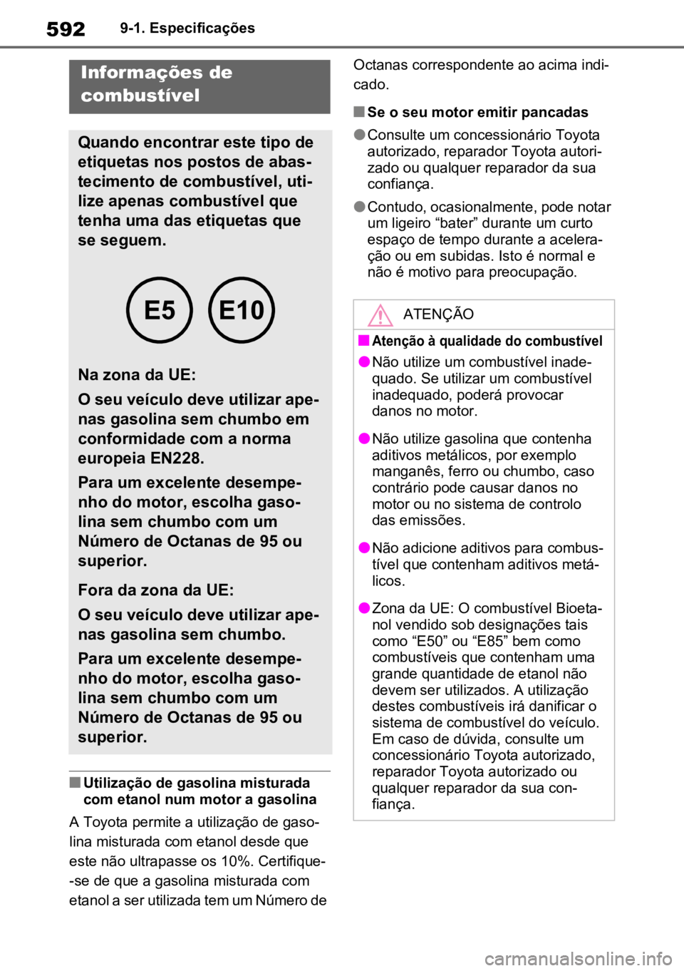 TOYOTA RAV4 PLUG-IN HYBRID 2023 Manual de utilização (in Portuguese) 5929-1. Especificações
nUtilização de gasolina misturada
com etanol num motor a gasolina
A Toyota permite a utilização de gaso -
lina misturada com etanol desde que
este não ultrapasse os 10% TOYOTA RAV4 PLUG-IN HYBRID 2023 Manual de utilização (in Portuguese) 5929-1. Especificações
nUtilização de gasolina misturada
com etanol num motor a gasolina
A Toyota permite a utilização de gaso -
lina misturada com etanol desde que
este não ultrapasse os 10%