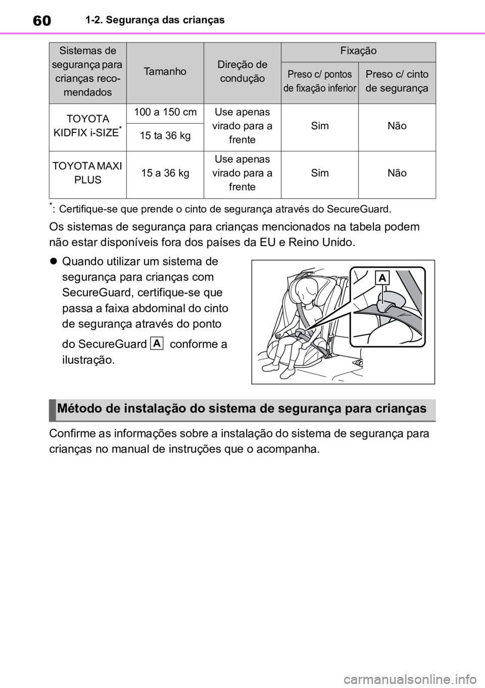 TOYOTA RAV4 PLUG-IN HYBRID 2023 Manual de utilização (in Portuguese) 601-2. Segurança das crianças
*: Certifique-se que prende o cinto de segurança através do SecureGuard.
Os sistemas de segurança para crianças mencionados na tabela podem
não estar disponíveis TOYOTA RAV4 PLUG-IN HYBRID 2023 Manual de utilização (in Portuguese) 601-2. Segurança das crianças
*: Certifique-se que prende o cinto de segurança através do SecureGuard.
Os sistemas de segurança para crianças mencionados na tabela podem
não estar disponíveis