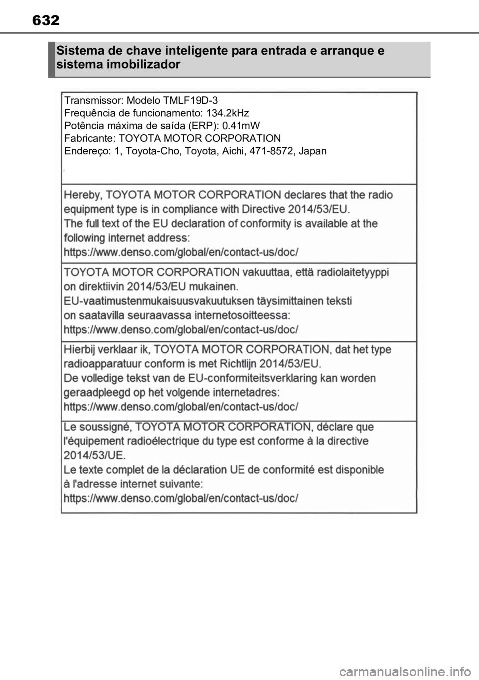 TOYOTA RAV4 PLUG-IN HYBRID 2023  Manual de utilização (in Portuguese) 632
Sistema de chave inteligente para entrada e arranque e 
sistema imobilizador
Transmissor: Modelo TMLF19D-3
Frequência de funcionamento: 134.2kHz
Potência máxima de saída (ERP): 0.41mW
Fabrican