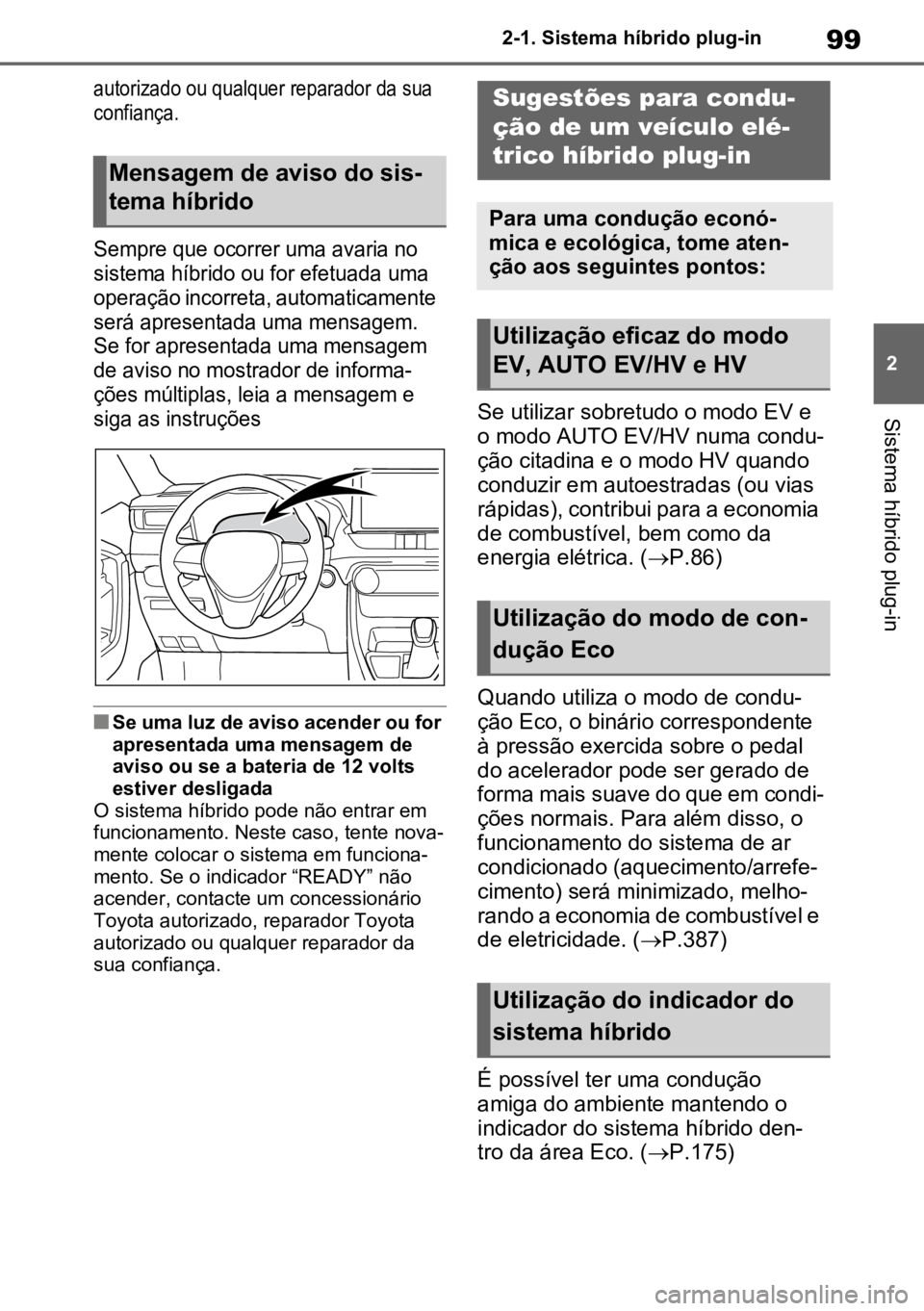TOYOTA RAV4 PLUG-IN HYBRID 2022 Manual de utilização (in Portuguese) 99
2
2-1. Sistema híbrido plug-in
Sistema híbrido plug-in
autorizado ou qualquer reparador da sua
confiança.
Sempre que ocorrer uma avaria no
sistema híbrido ou for efetuada uma
operação in TOYOTA RAV4 PLUG-IN HYBRID 2022 Manual de utilização (in Portuguese) 99
2
2-1. Sistema híbrido plug-in
Sistema híbrido plug-in
autorizado ou qualquer reparador da sua
confiança.
Sempre que ocorrer uma avaria no
sistema híbrido ou for efetuada uma
operação in